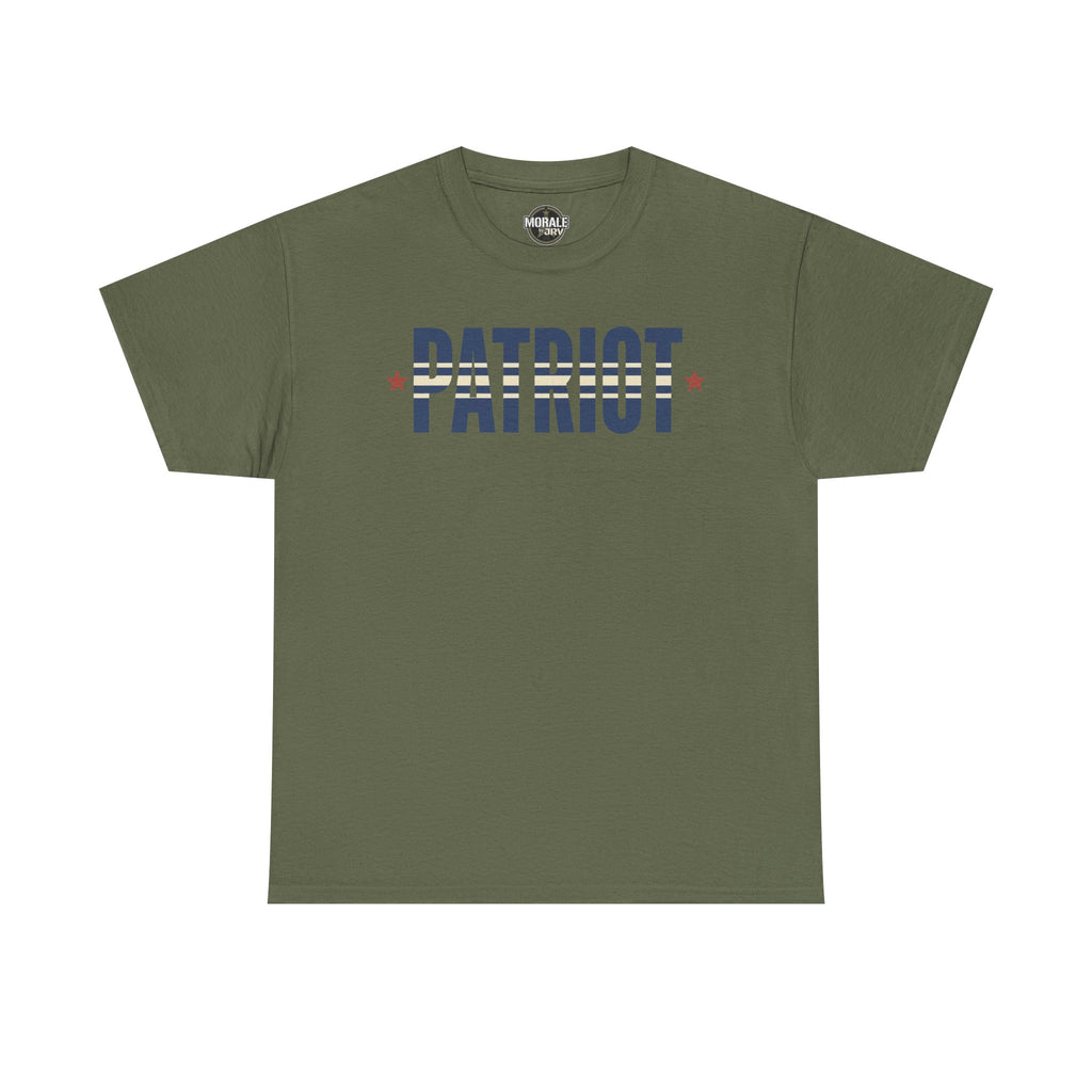 Military green patriot stripe T-shirt with PATRIOT logo print and red stars