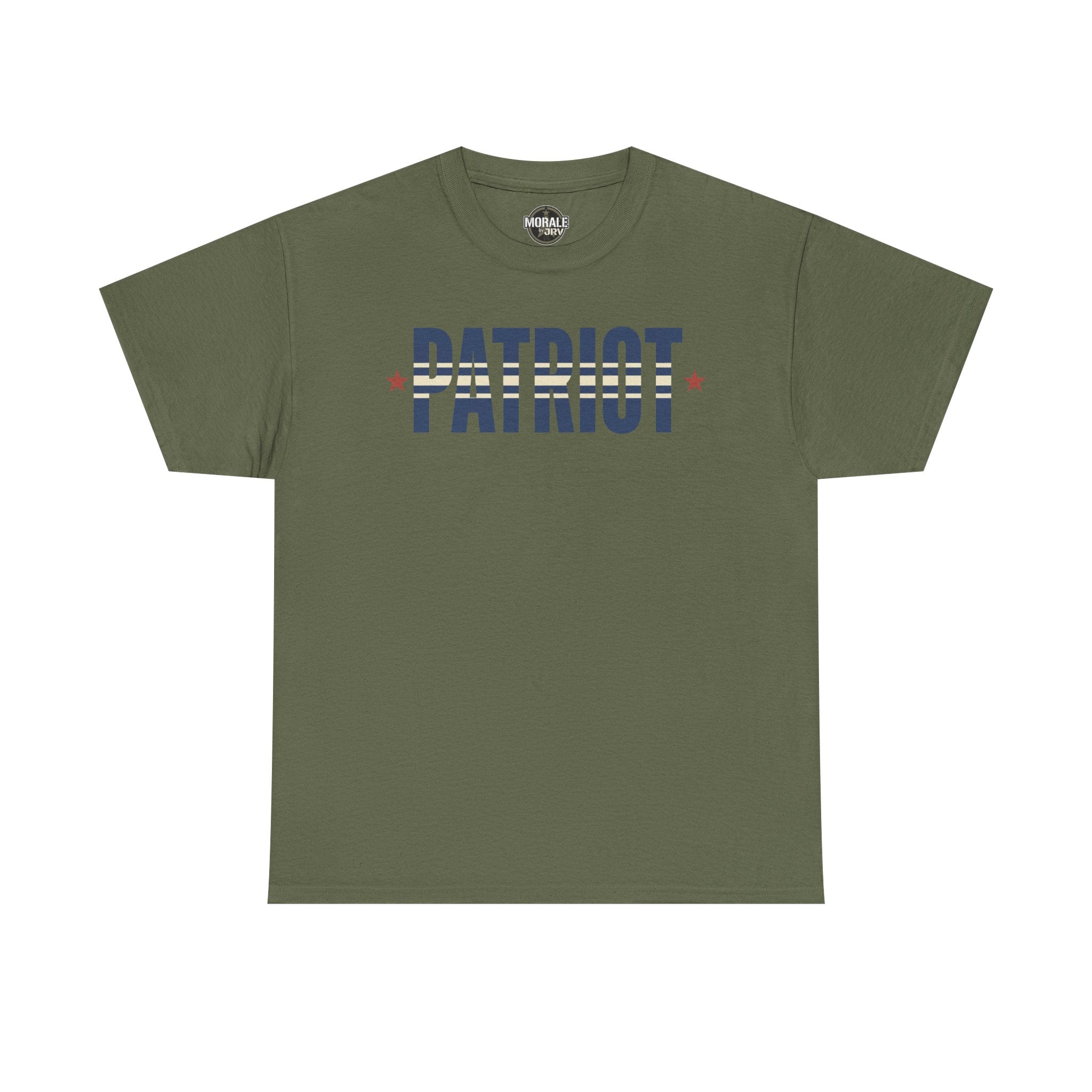 Military green patriot stripe T-shirt with PATRIOT logo print and red stars