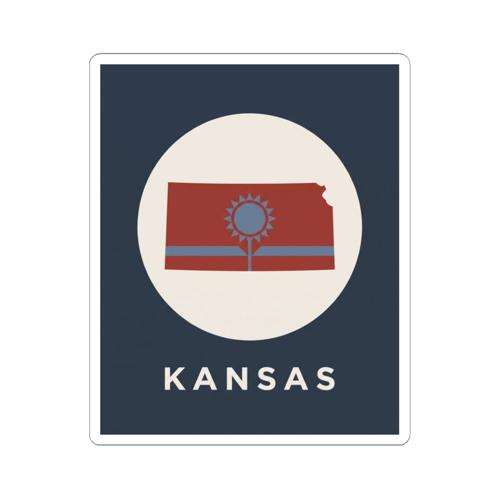 Kansas state map sunflower sticker with “KANSAS” text, blue background, white circle design