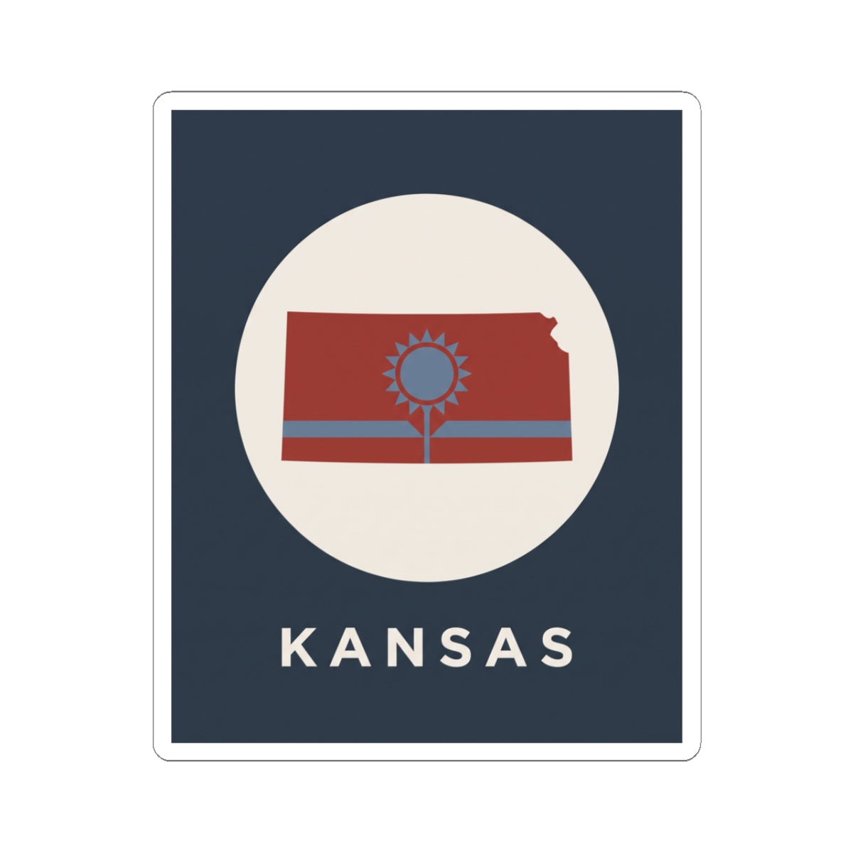 Kansas state map sunflower sticker with “KANSAS” text, blue background, white circle design