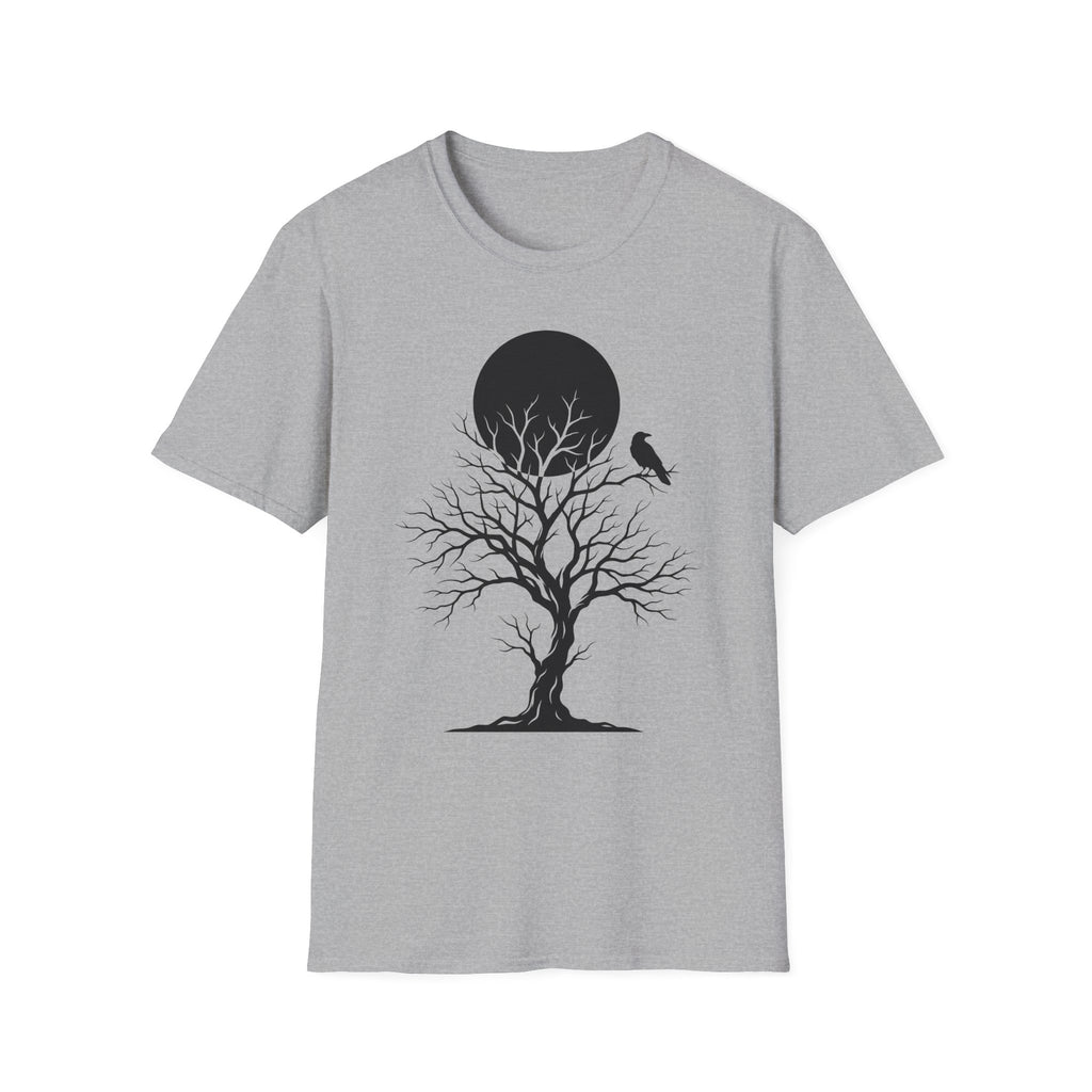 Sport Grey Raven Moon T-shirt with black tree silhouette, bird, and moon graphic