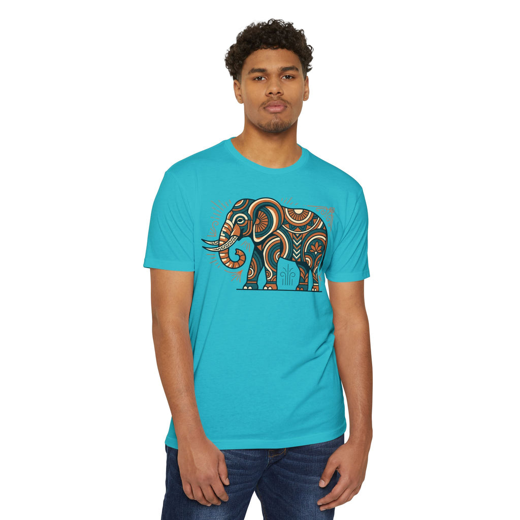 Men's graphic T-shirt in teal with multicolor elephant paisley panel on front