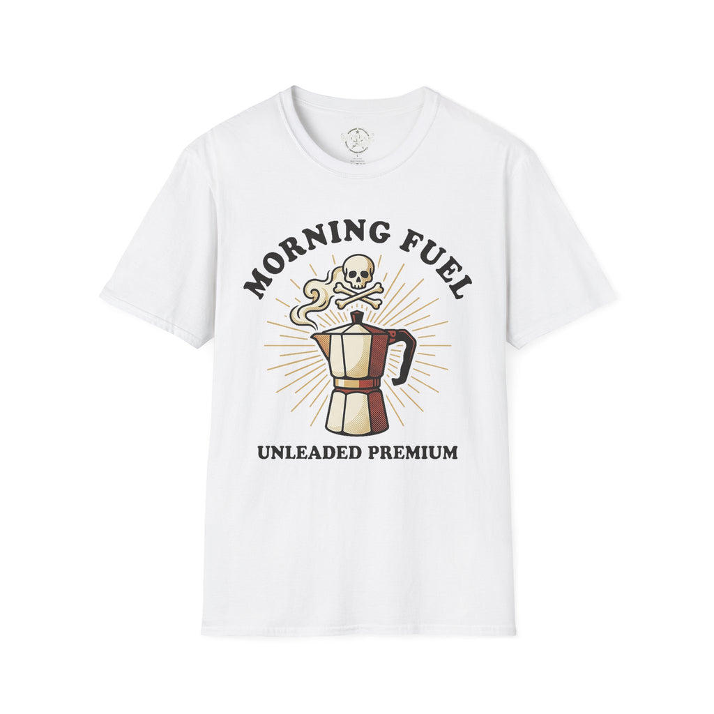 Morning Fuel T-shirt—white with skull moka pot graphic and “UNLEADED PREMIUM” text