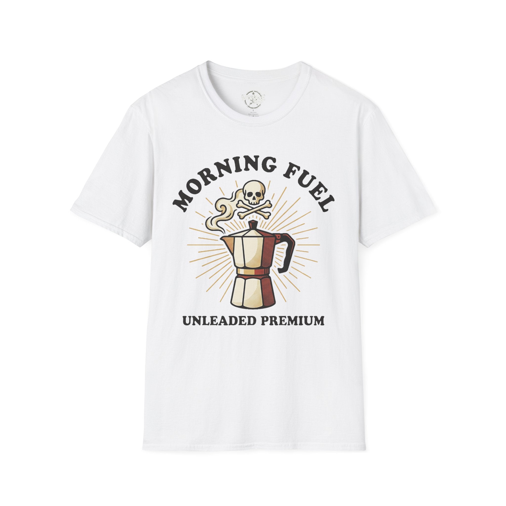 Morning Fuel T-shirt—white with skull moka pot graphic and “UNLEADED PREMIUM” text