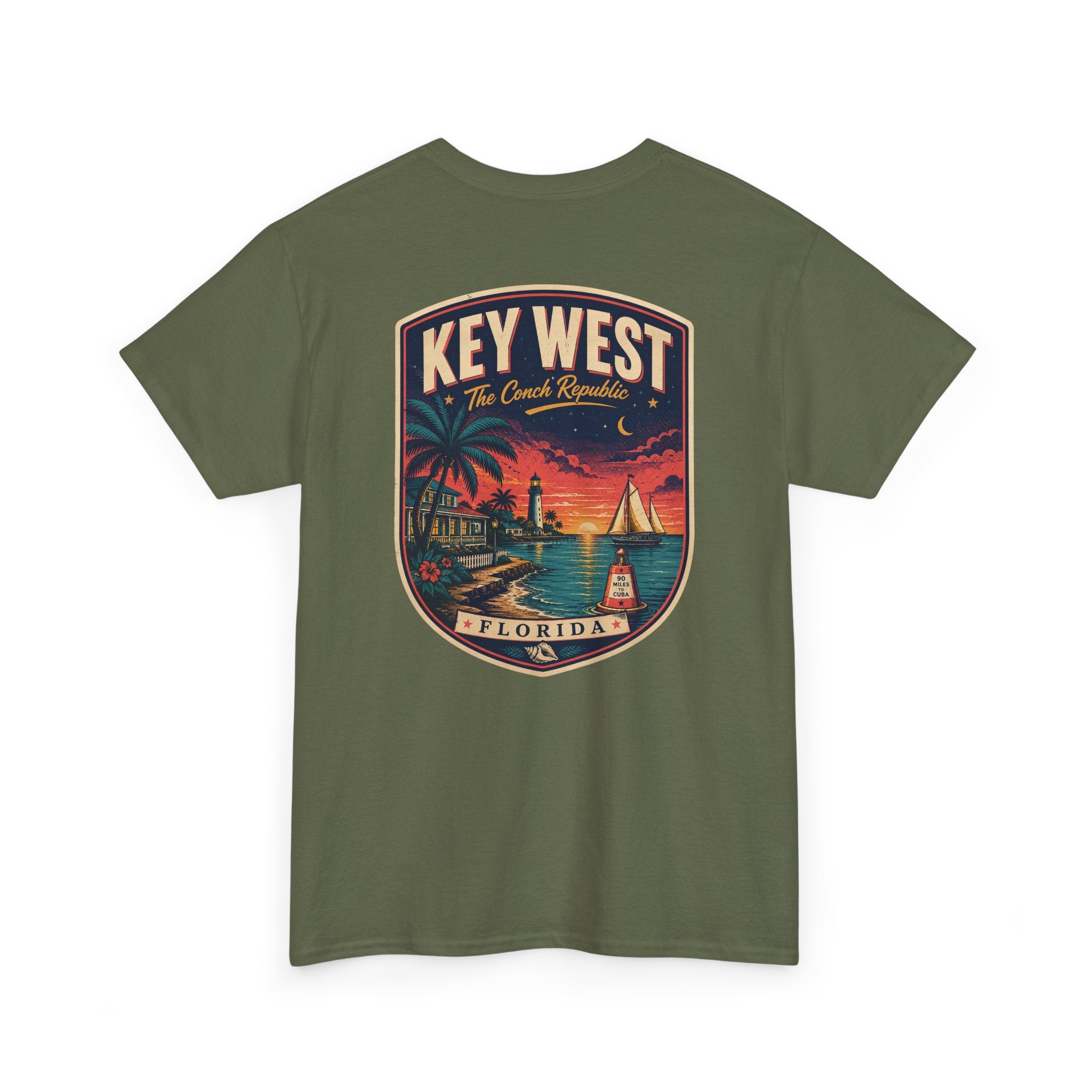 Olive crewneck T-shirt with Key West Florida badge lighthouse print.