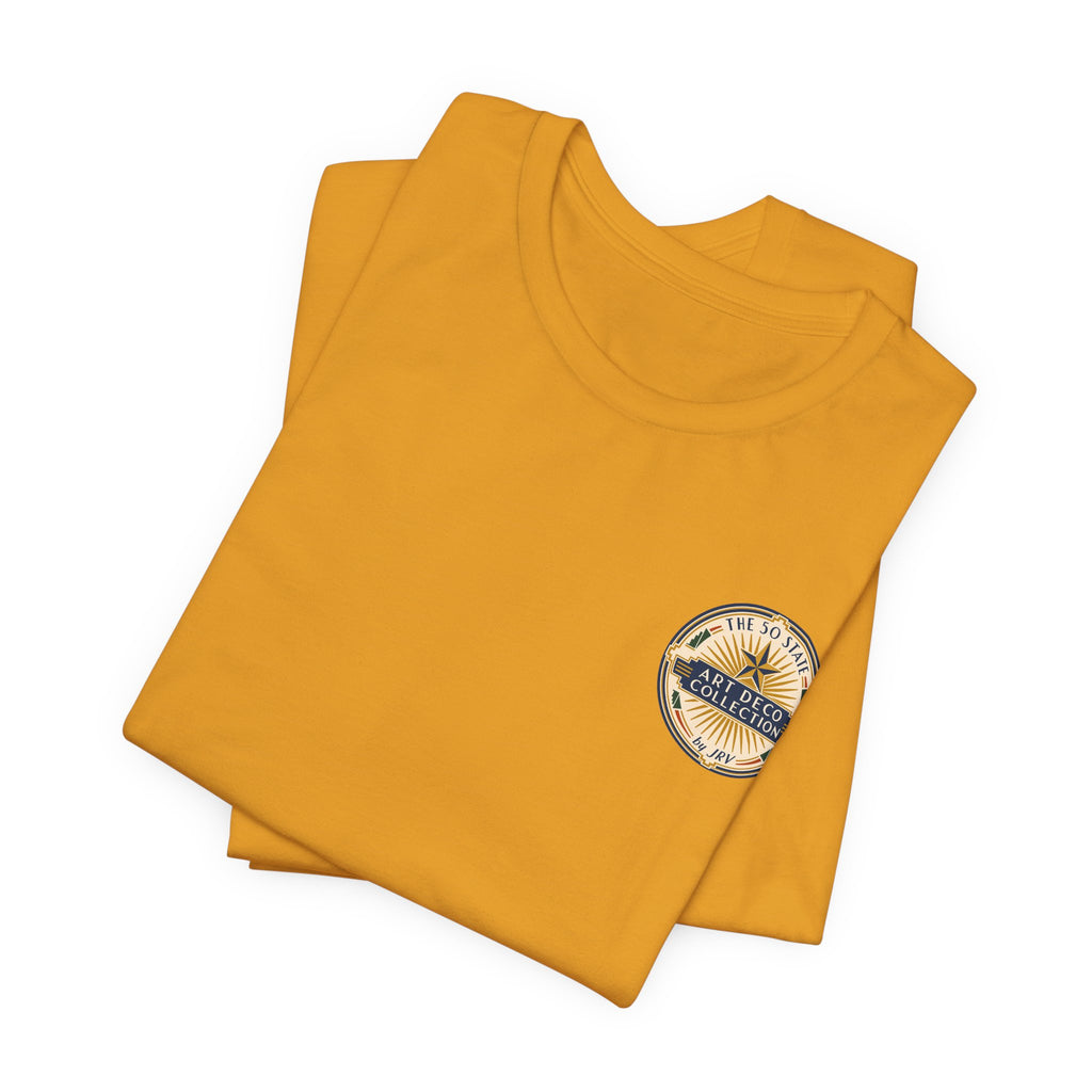 Mustard yellow short-sleeve T-shirt stack with circular lighthouse logo on chest.
