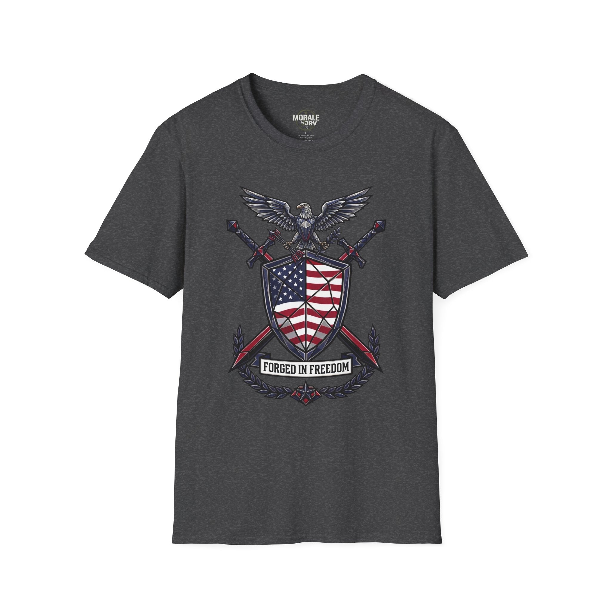 Patriotic red-white-blue graphic T-shirt on dark gray, front eagle shield print