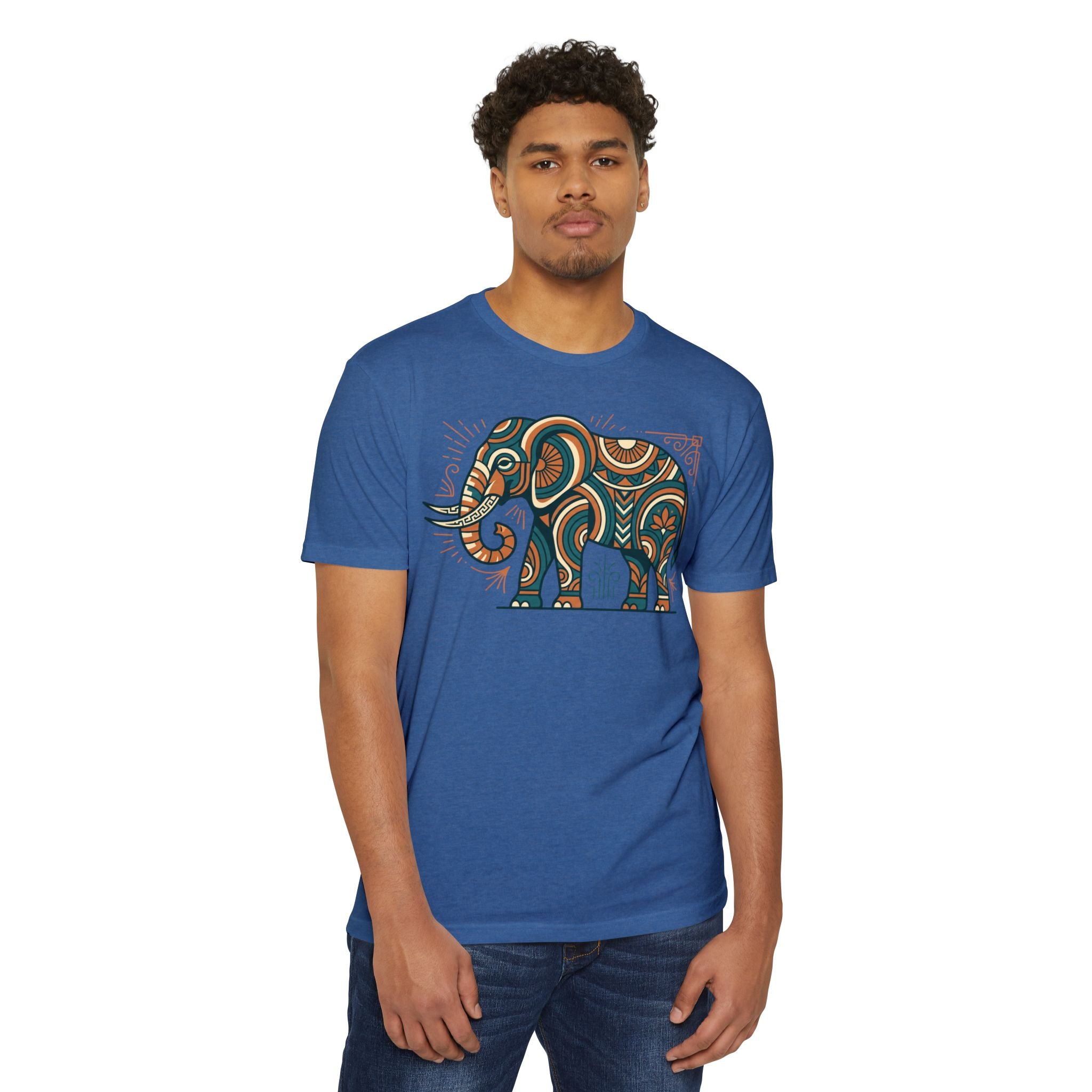 Blue crewneck T-shirt with colorful elephant paisley graphic on front.