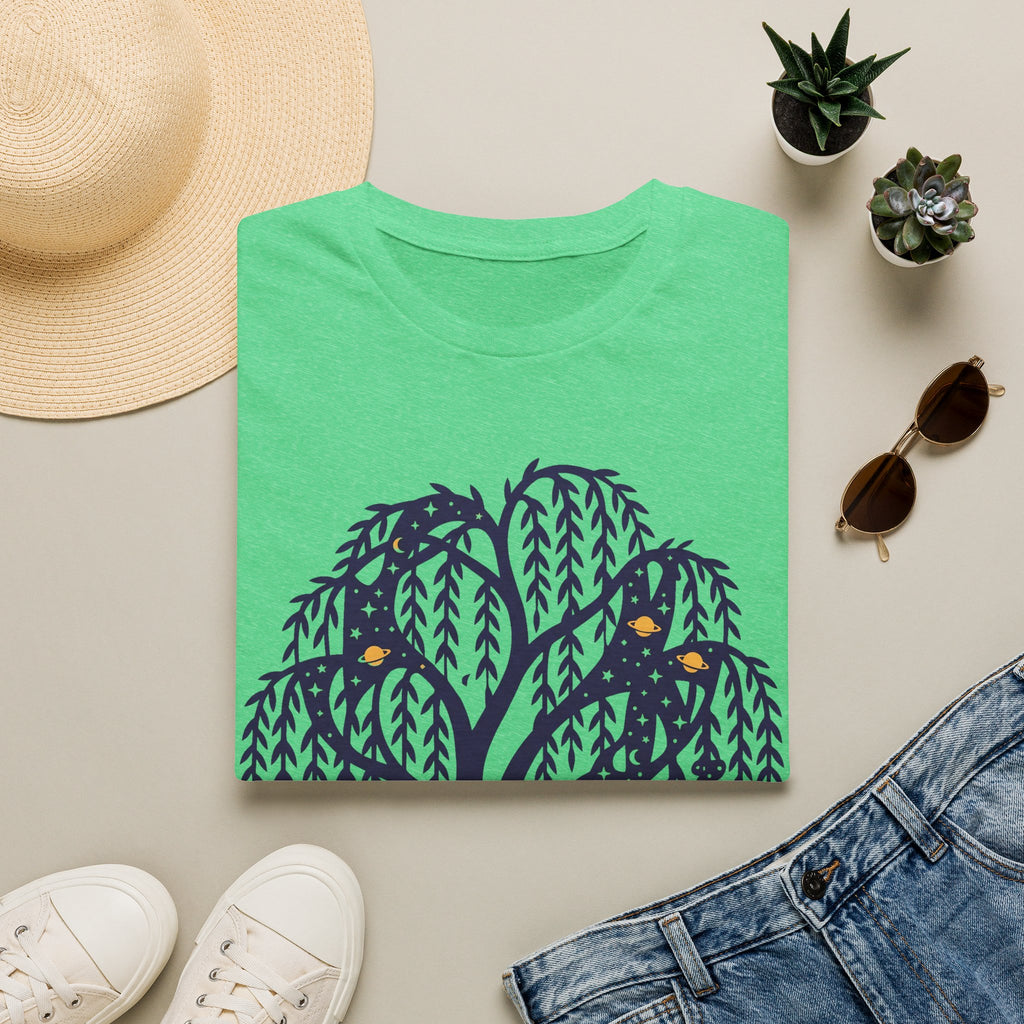 Night owl graphic t-shirt in bright green with dark blue woodland tree and owl print