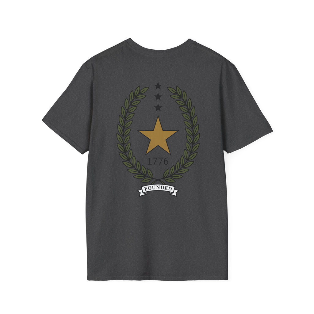 Dark heather t-shirt with gold star laurel wreath, “1776” and “FOUNDED” banner