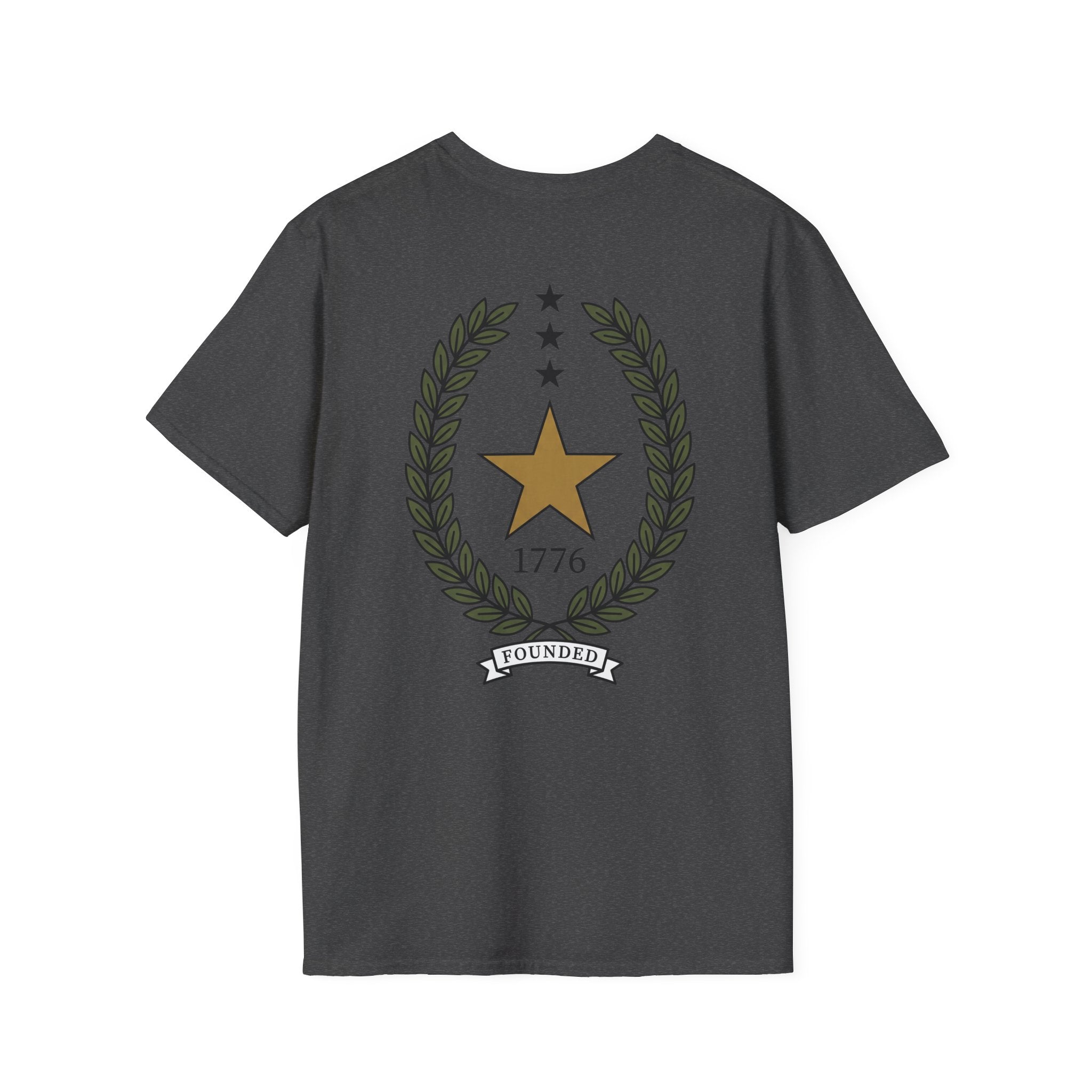 Dark heather t-shirt with gold star laurel wreath, “1776” and “FOUNDED” banner