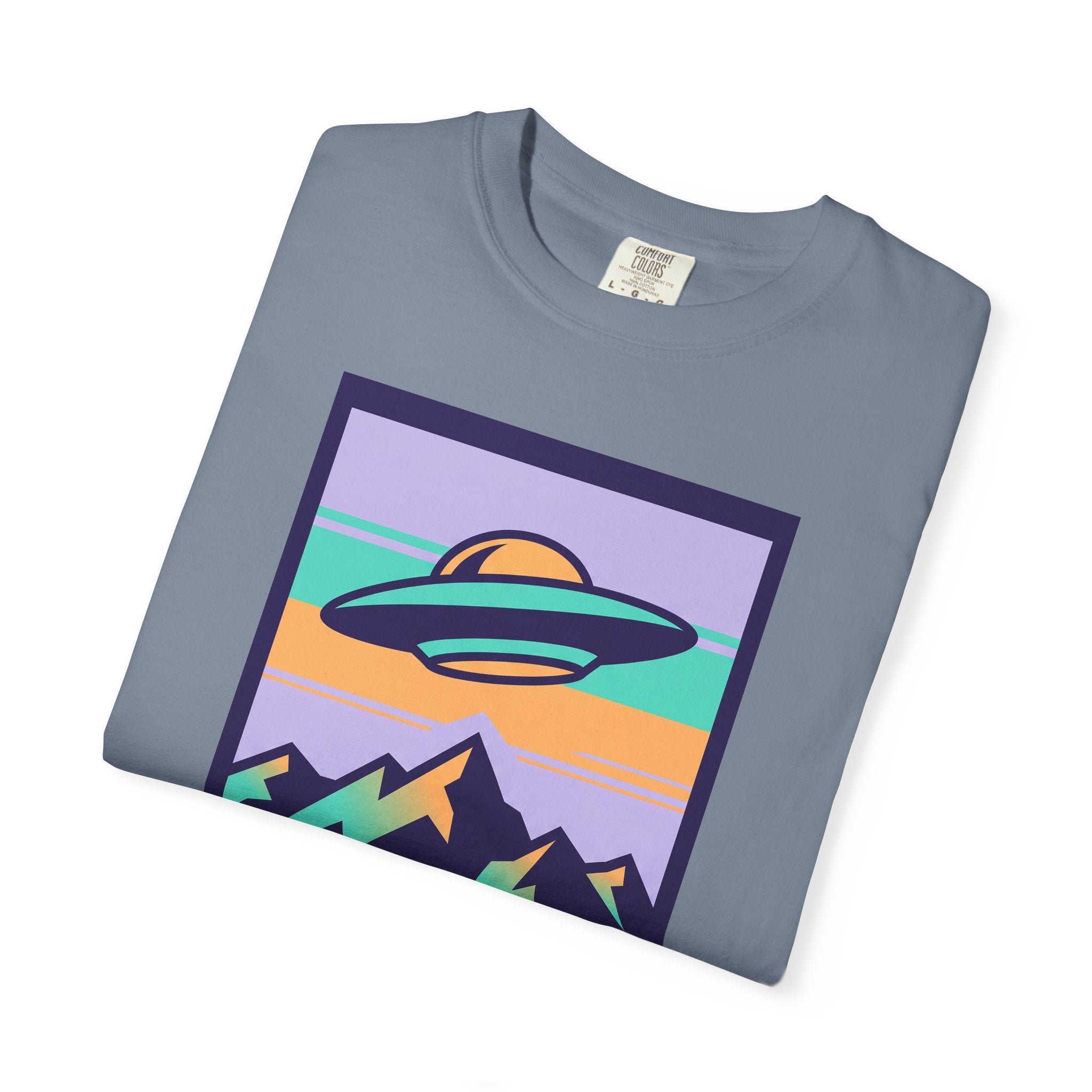 Blue-gray T-shirt with retro UFO and space landscape graphic on the chest