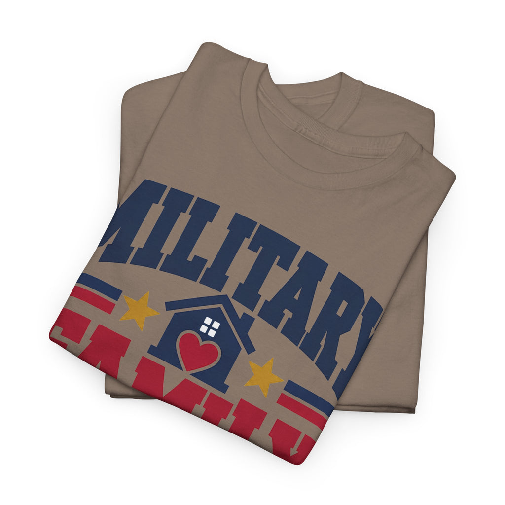 Brown unisex crewneck T-shirt with patriotic graphic heart, stars, and flag accents.