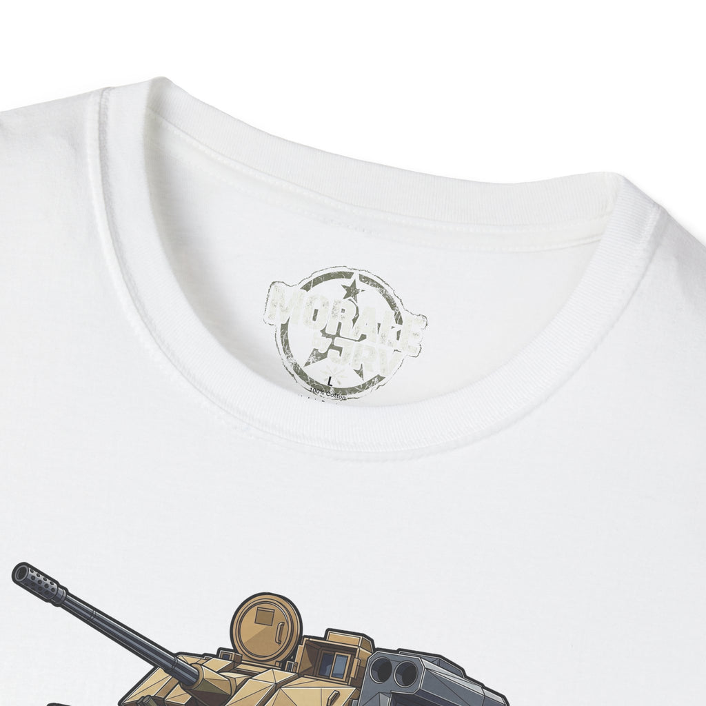 White tank T-shirt close-up: cannon and turret graphic near neckline