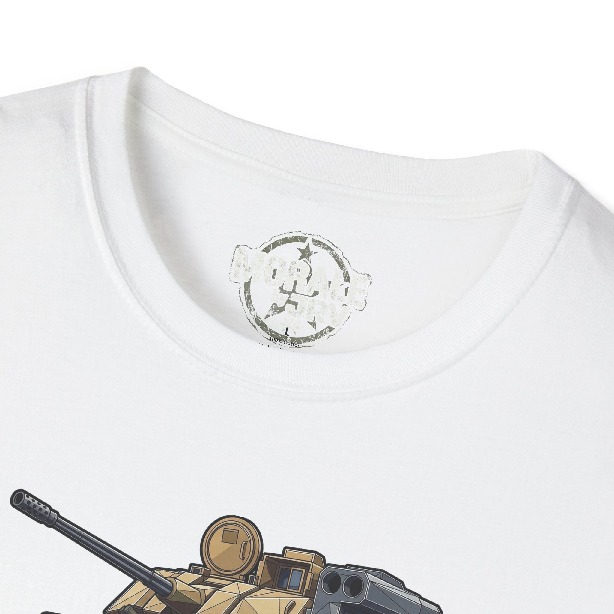 White tank T-shirt close-up: cannon and turret graphic near neckline