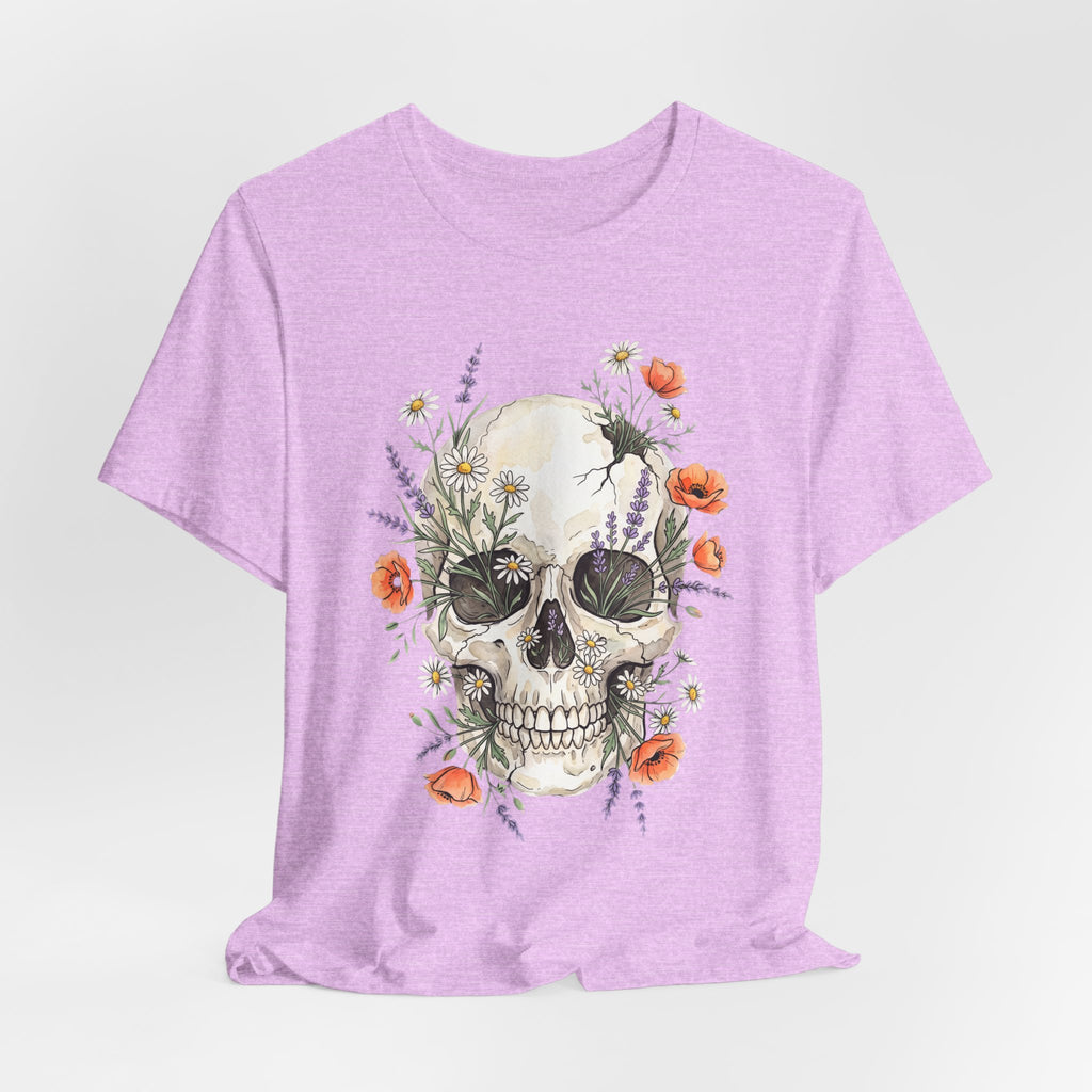 Floral skull T-shirt in mauve heather, front skull with wildflowers and roses