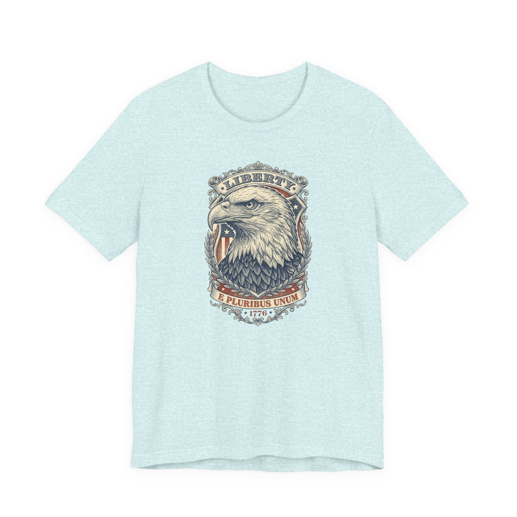 Eagle graphic tee in light blue with Liberty badge and bald eagle head print