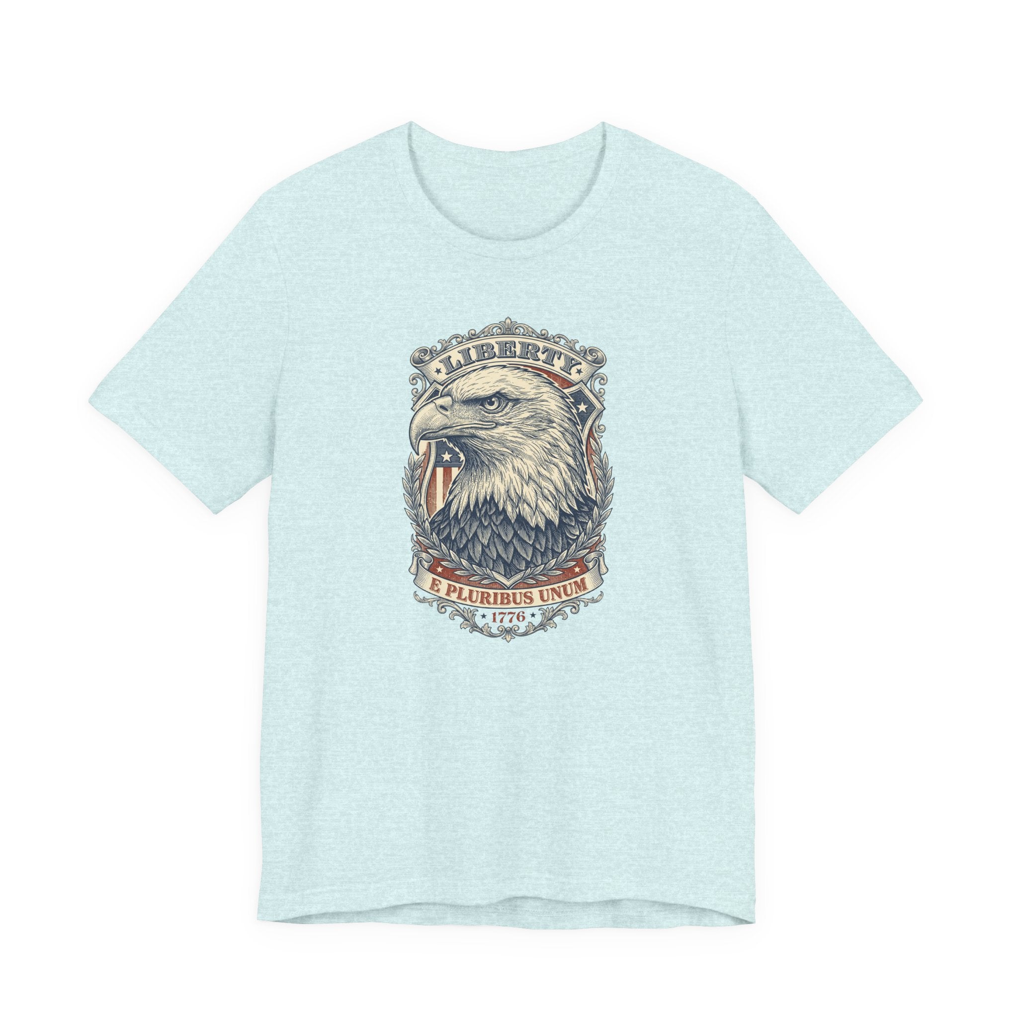 Eagle graphic tee in light blue with Liberty badge and bald eagle head print