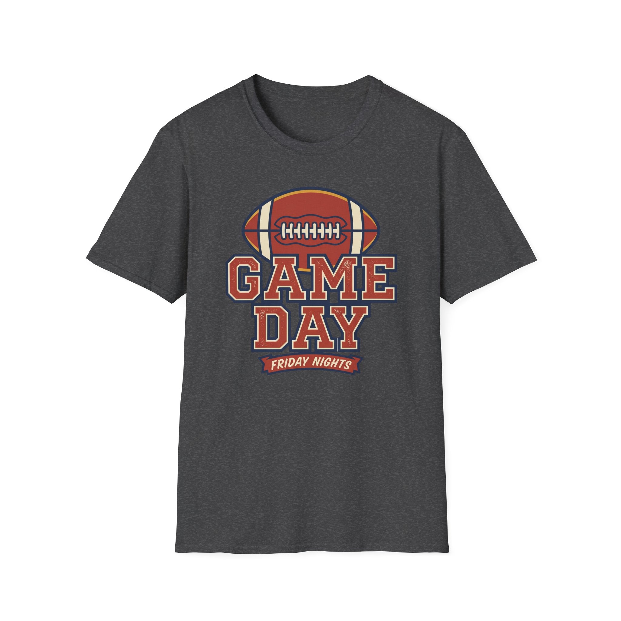 Dark gray game day football T-shirt with vintage-style front graphic