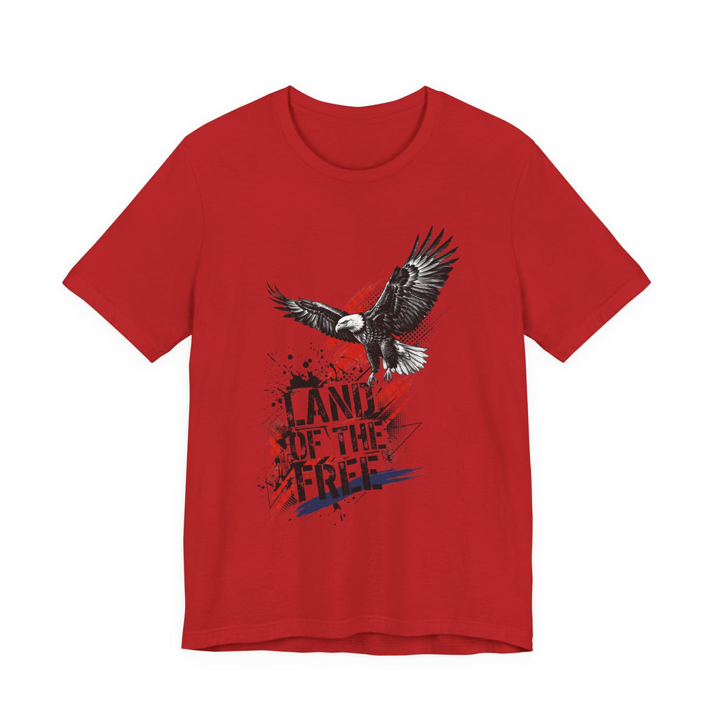 Red graphic eagle t-shirt with distressed patriotic text and flag-style stripes