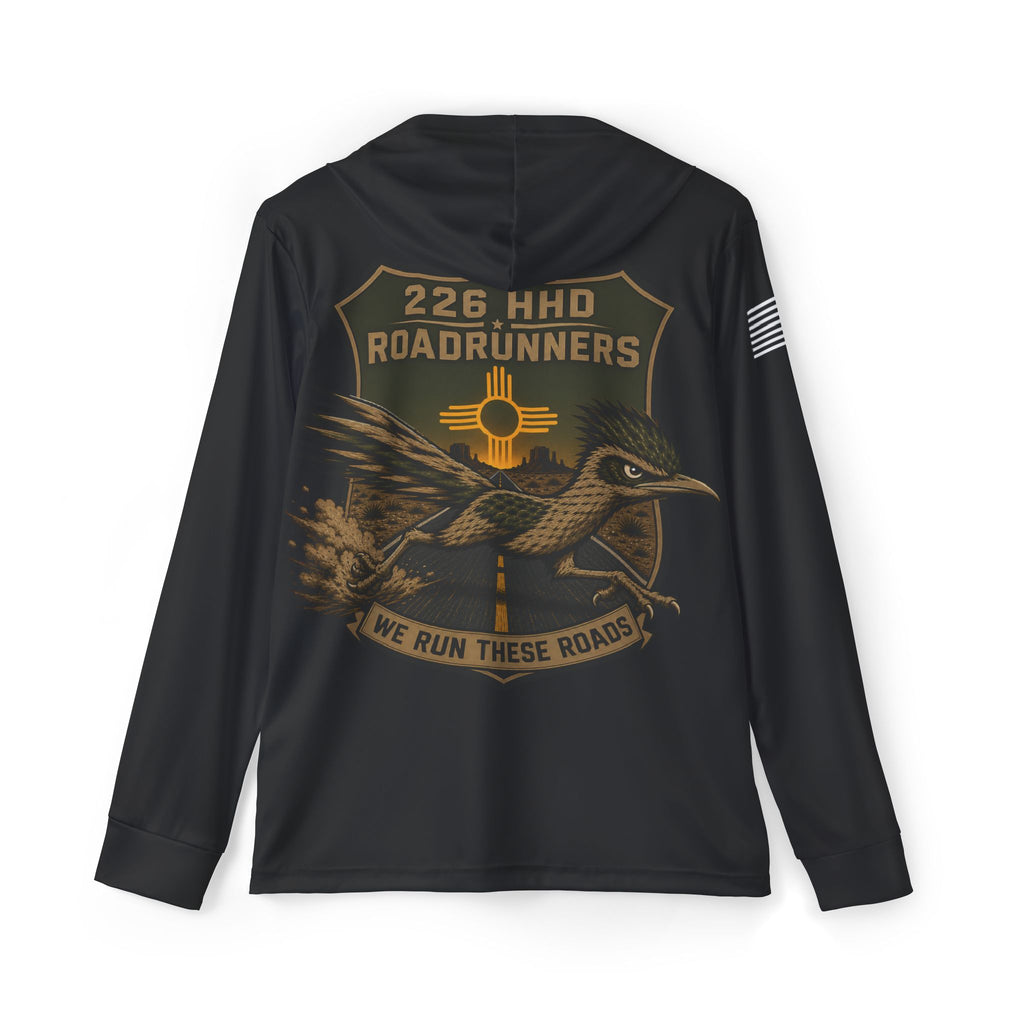 Black hoodie with large back ROADRUNNERS logo, eagle graphic, and 'We Run These Roads' text