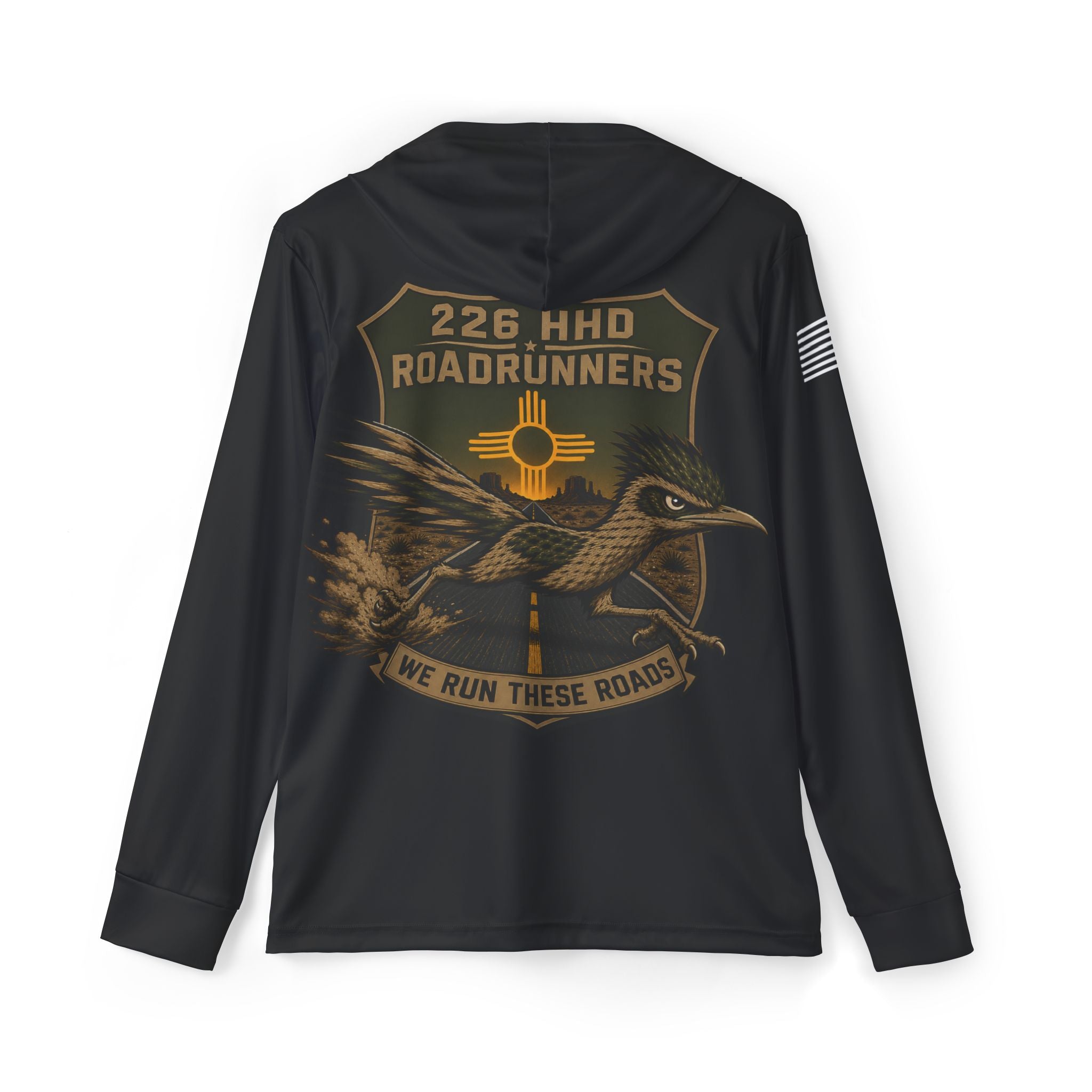 Black hoodie with large back ROADRUNNERS logo, eagle graphic, and 'We Run These Roads' text