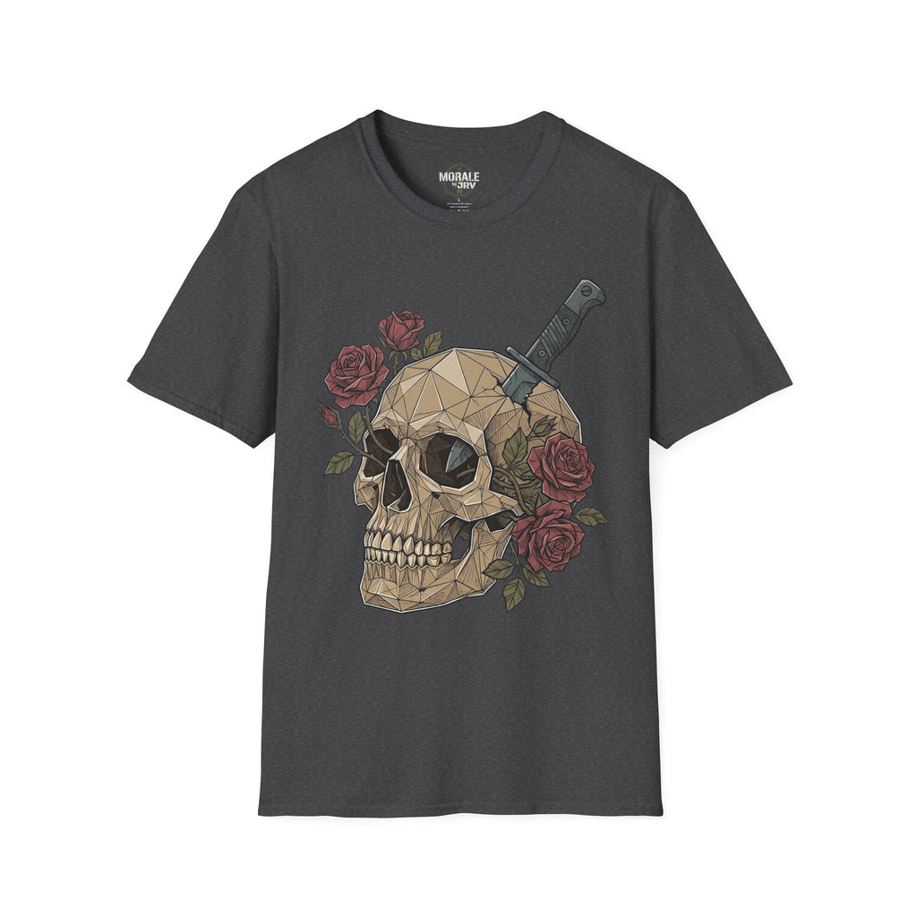 Charcoal gray graphic T-shirt with geometric skull, dagger and roses