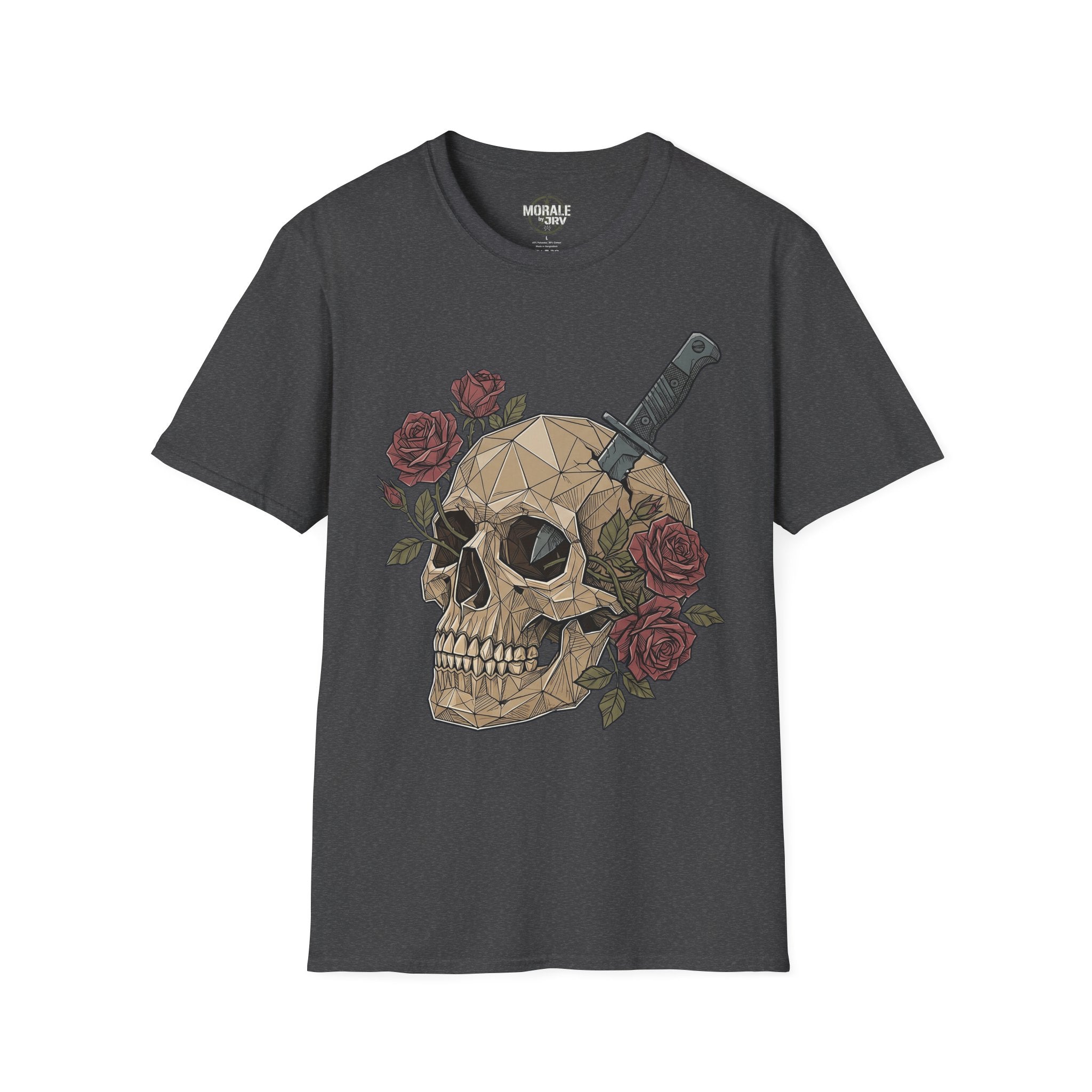 Charcoal gray graphic T-shirt with geometric skull, dagger and roses