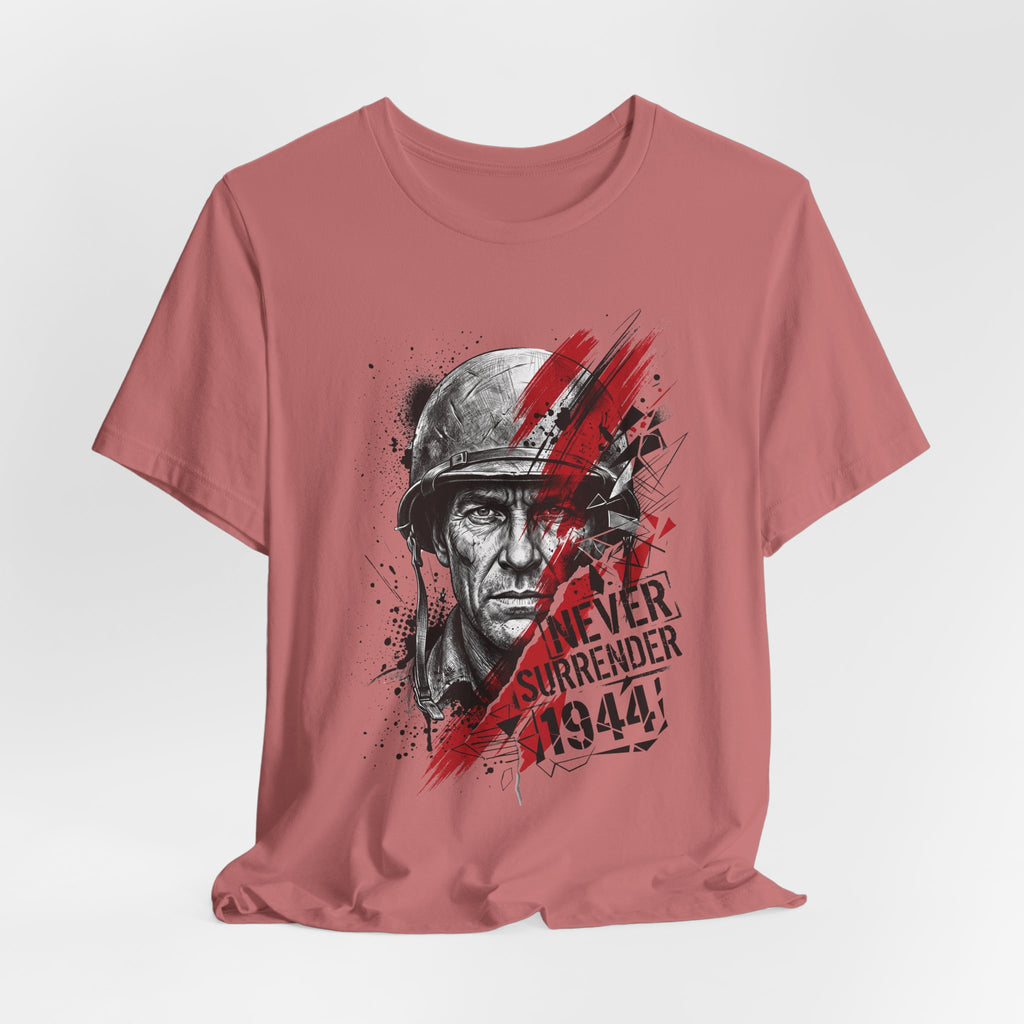 Dusty rose crewneck T-shirt featuring soldier face with red stripe and text artwork