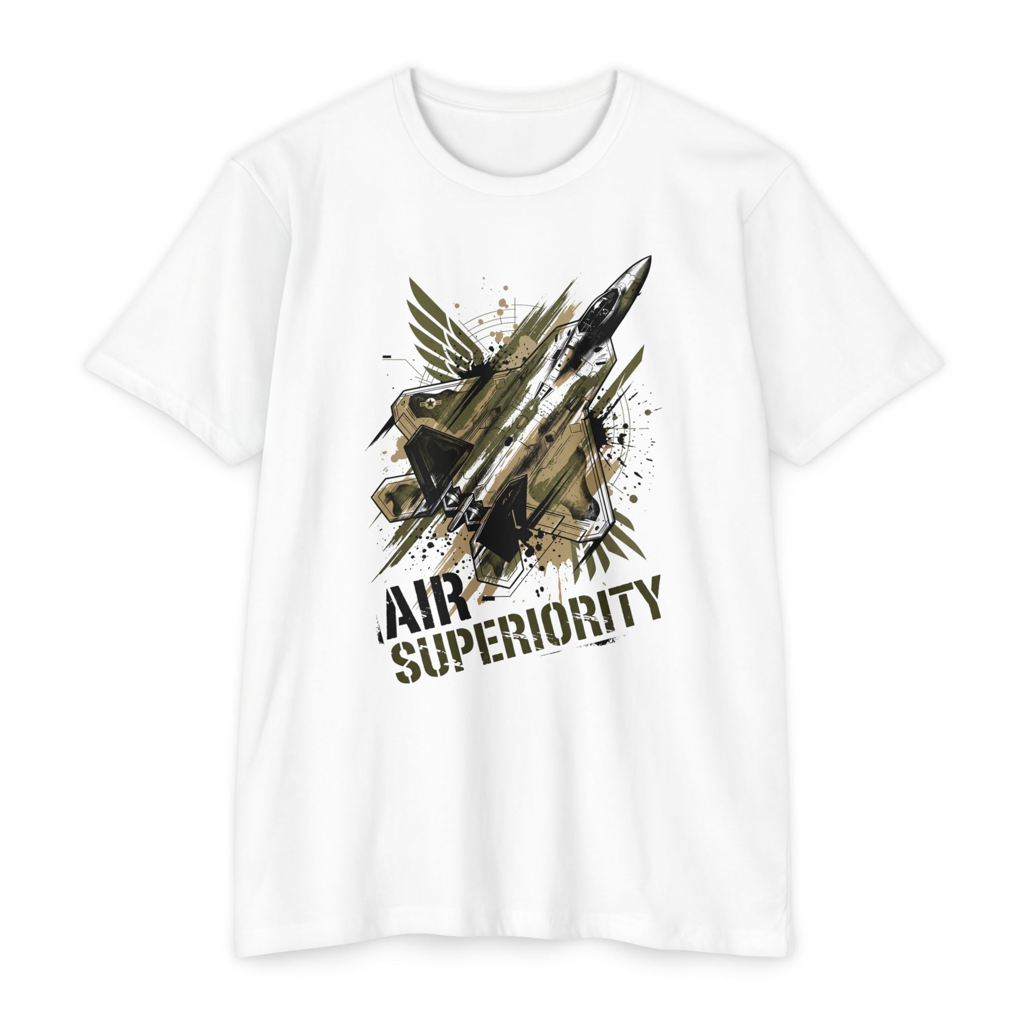 White crewneck T-shirt with jet 'AIR SUPERIORITY' graphic.
