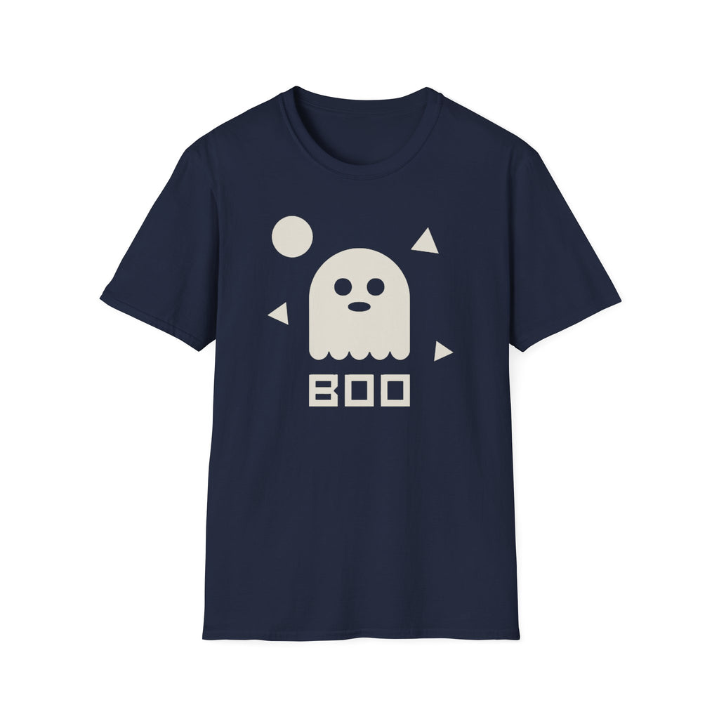Unisex navy T-shirt with white ghost face and BOO text