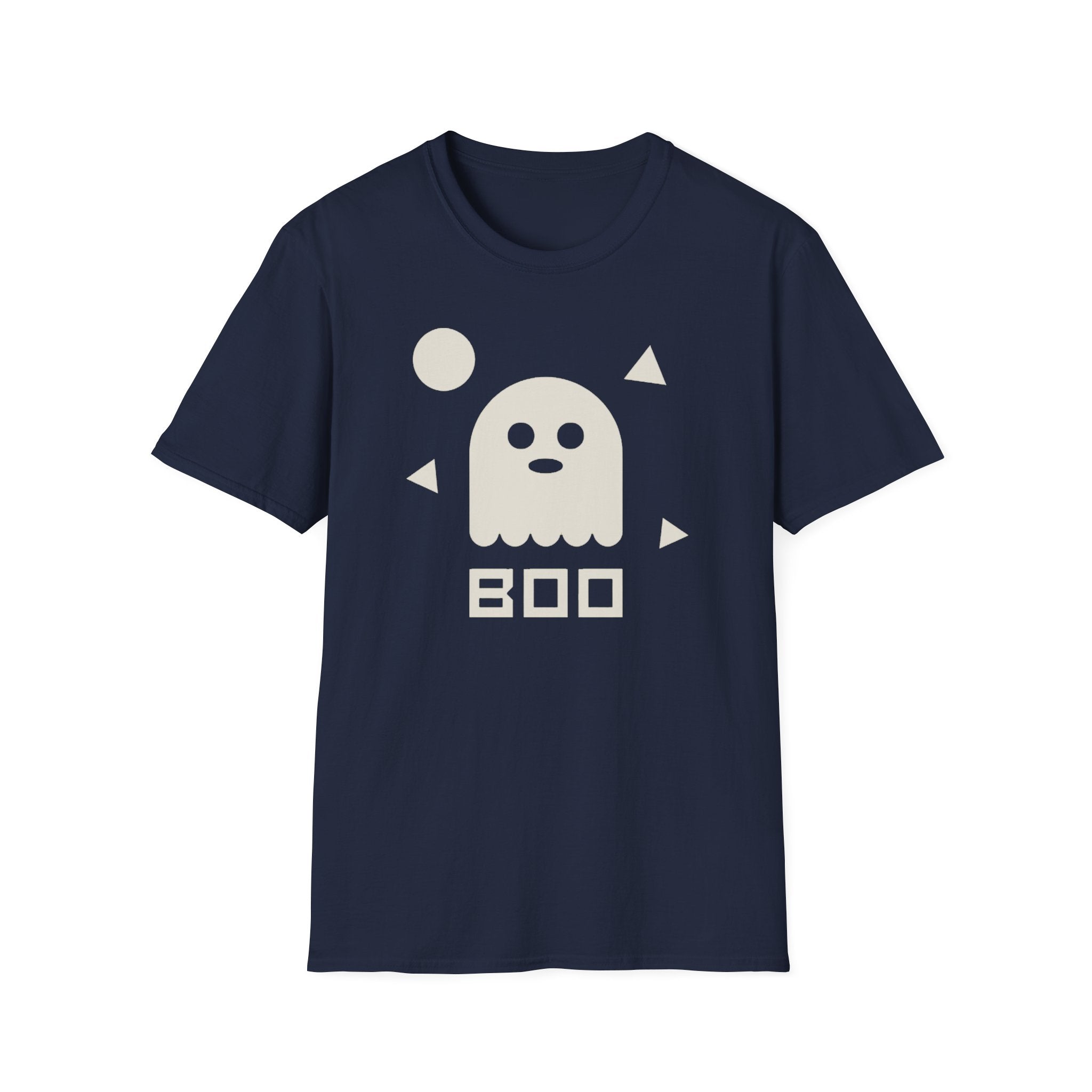 Unisex navy T-shirt with white ghost face and BOO text