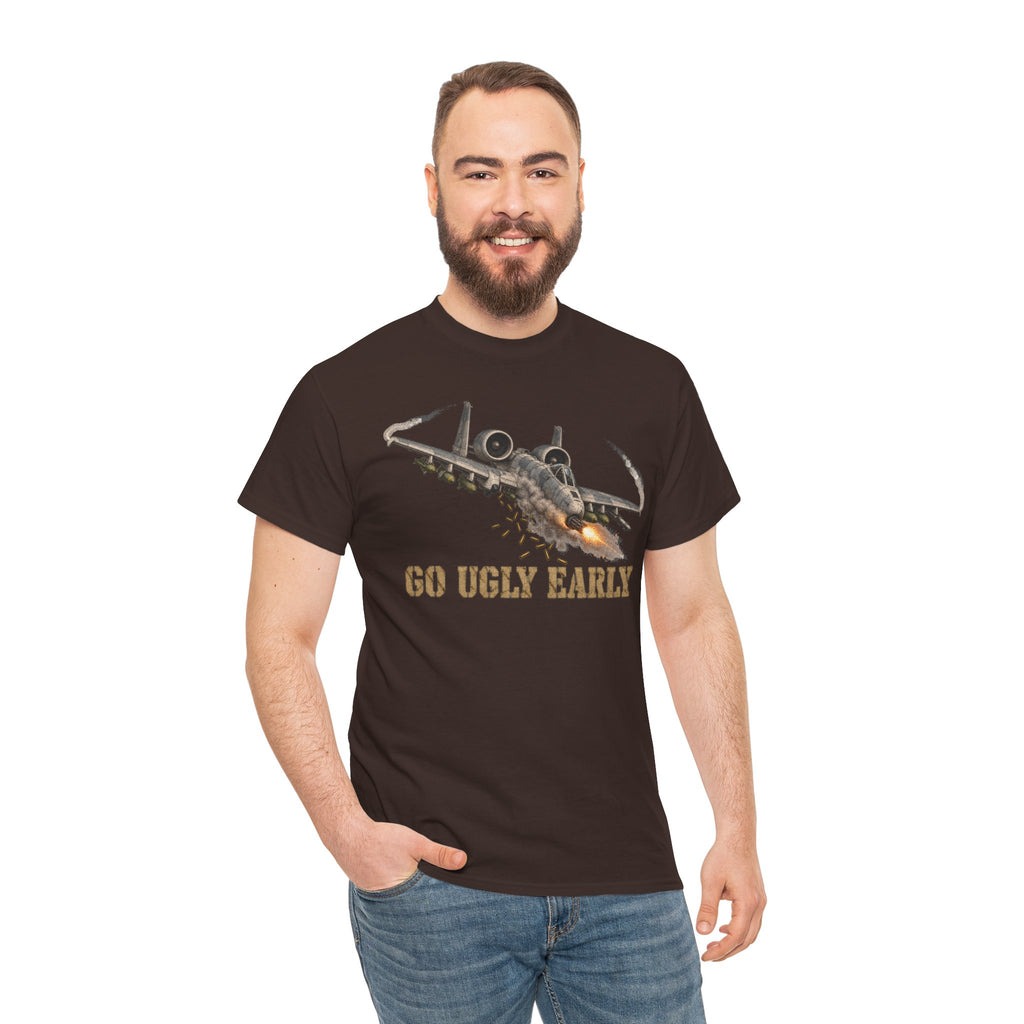 Dark brown crew-neck T-shirt on male model with jet graphic