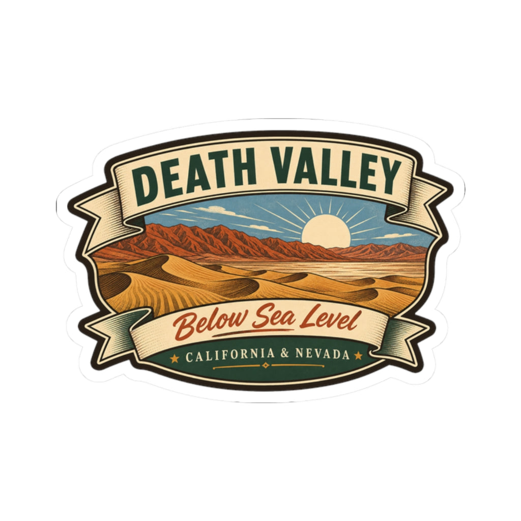 Die-cut sticker with green border, desert scene, “Death Valley” and “Below Sea Level” text