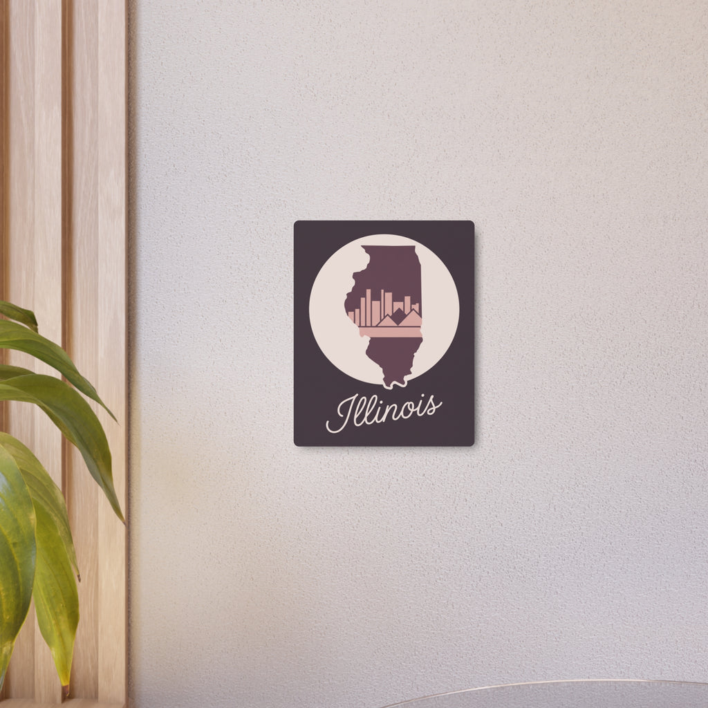 Mauve Illinois wall plaque with circular silhouette, skyline bars, and cursive Illinois