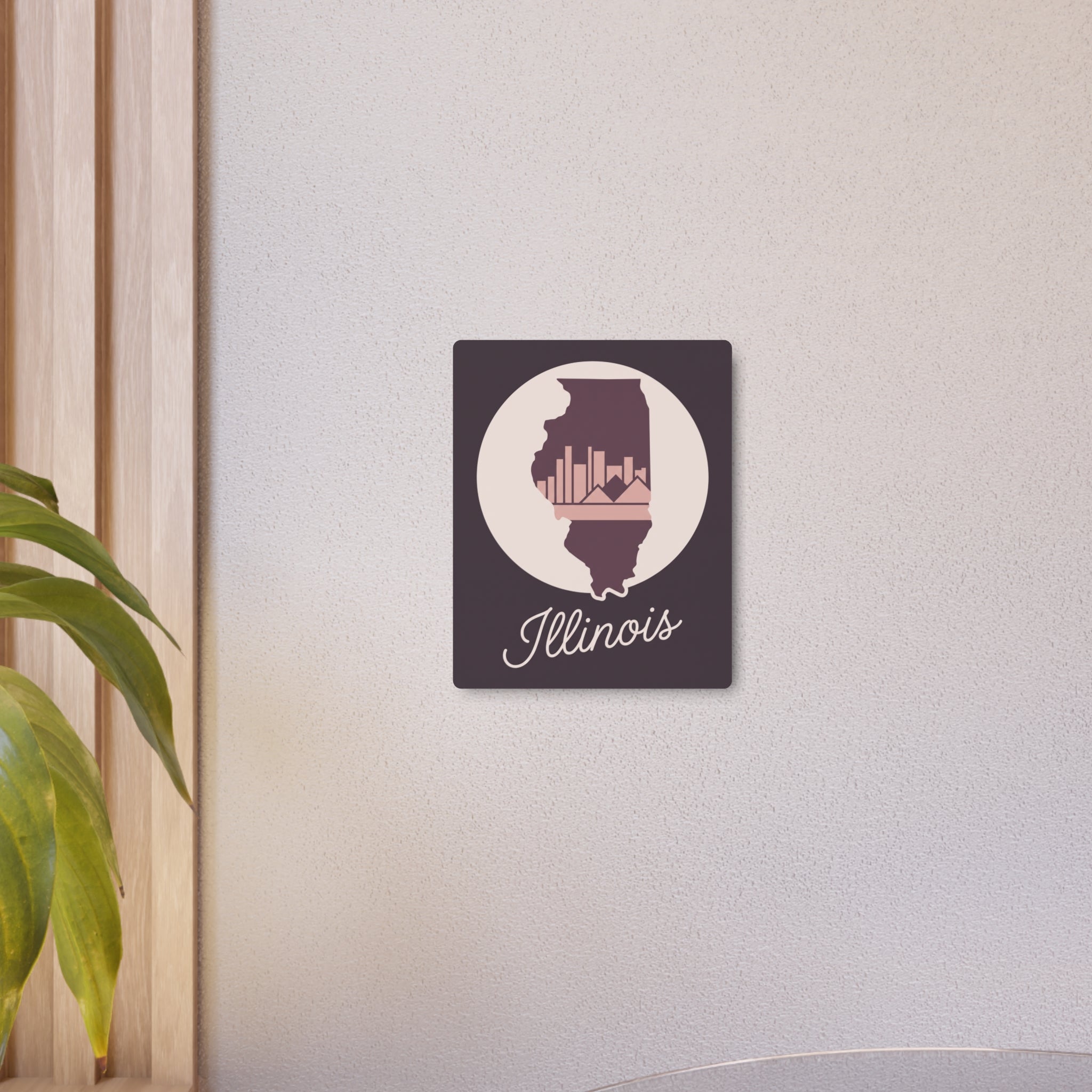 Mauve Illinois wall plaque with circular silhouette, skyline bars, and cursive Illinois