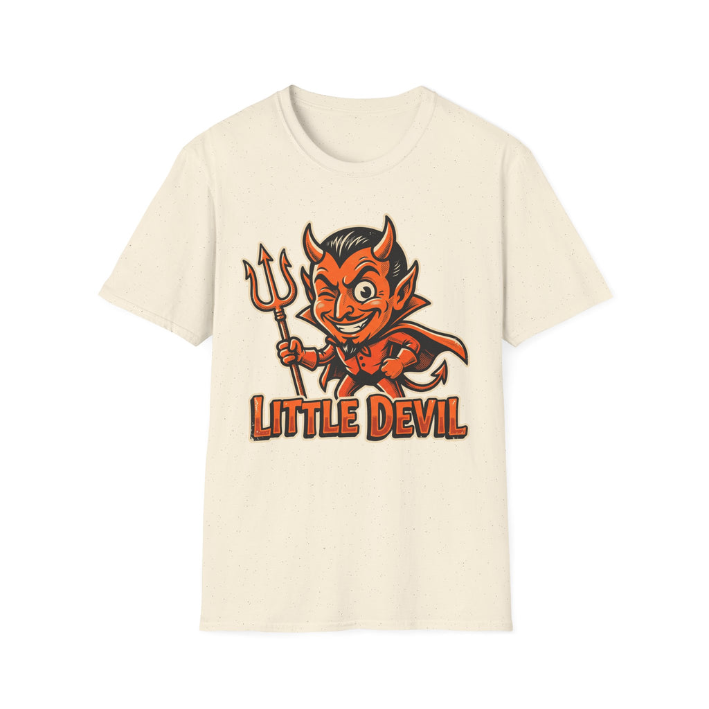 Cream crewneck t-shirt with vintage cartoon devil graphic holding a pitchfork