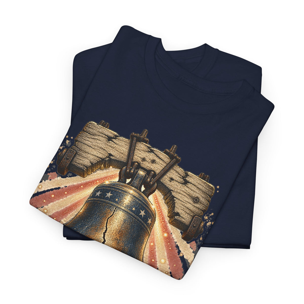 Navy short-sleeve T-shirt with Liberty Bell graphic, crew neck