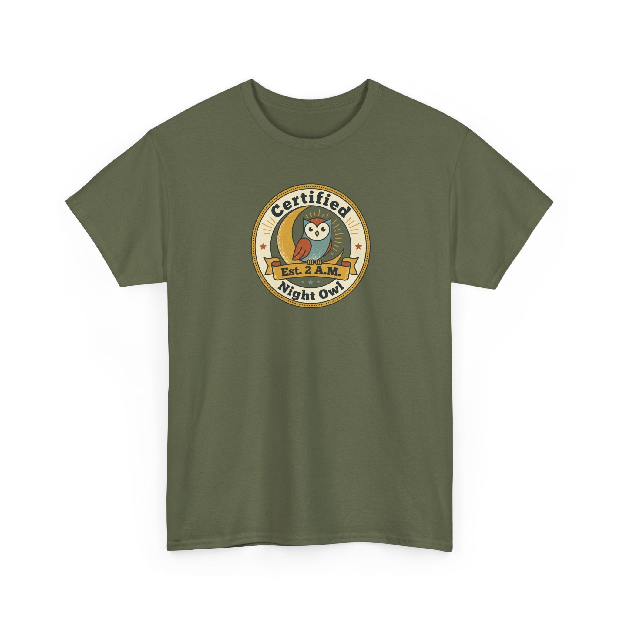 Military green crew-neck t-shirt with “Certified Night Owl” owl badge graphic