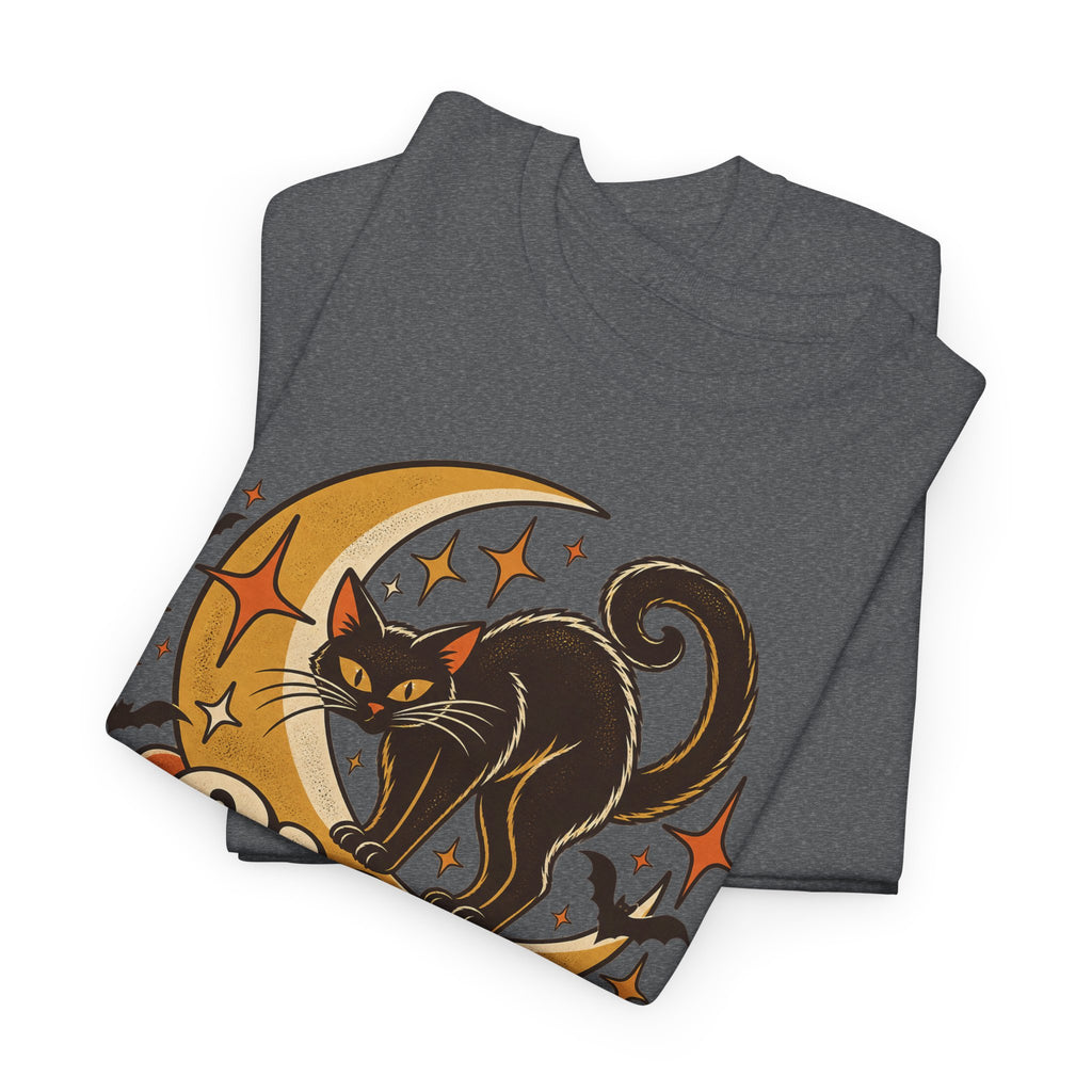 Hex Appeal Black Cat T-Shirt, Retro Crescent Moon Witchy Halloween Shirt for Women and Men, Funny Spooky Cat Lover Tee