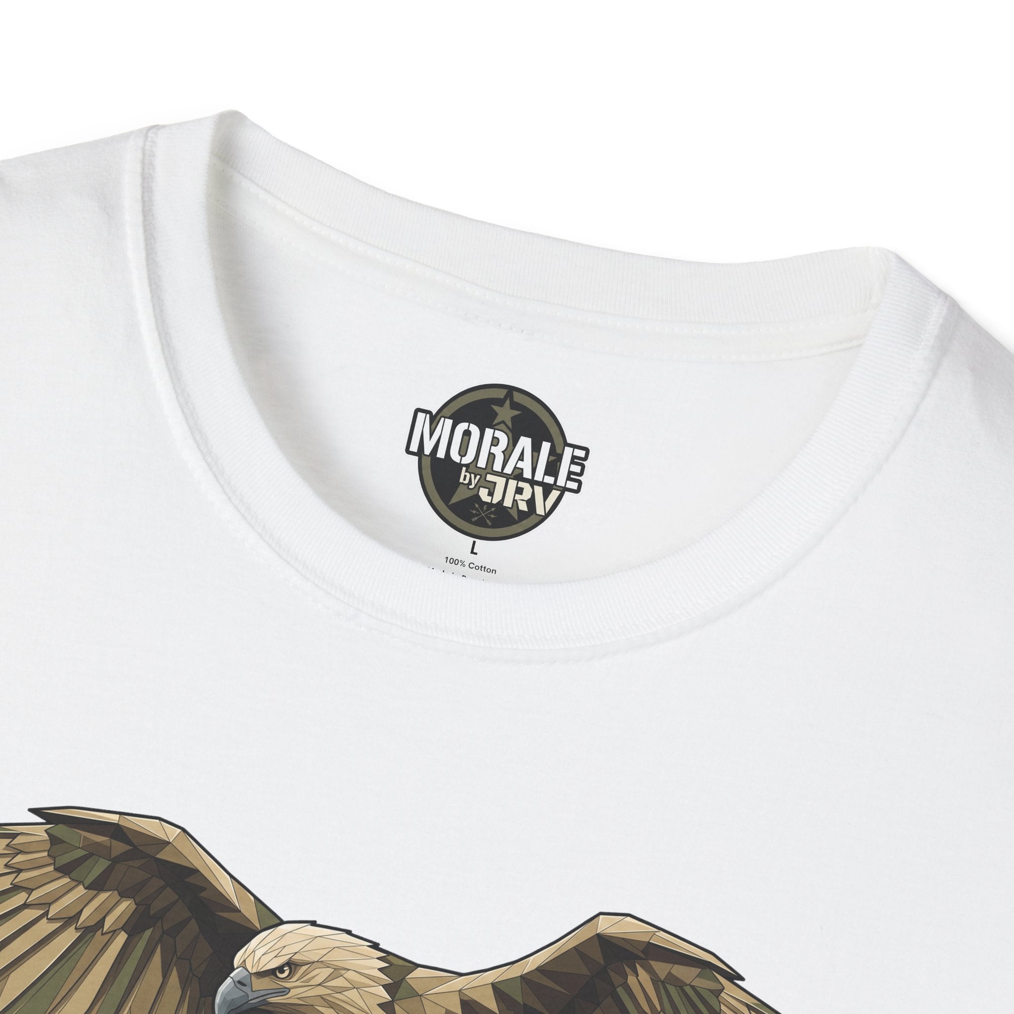 White crew-neck T-shirt neckline and Bald Eagle graphic detail