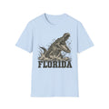Light blue crew-neck t-shirt with lunging alligator graphic and FLORIDA text