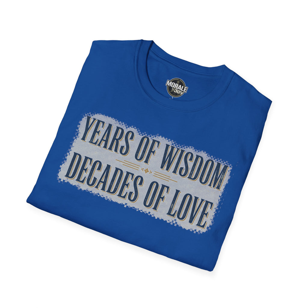 Royal blue T-shirt with “Years of Wisdom / Decades of Love” front print