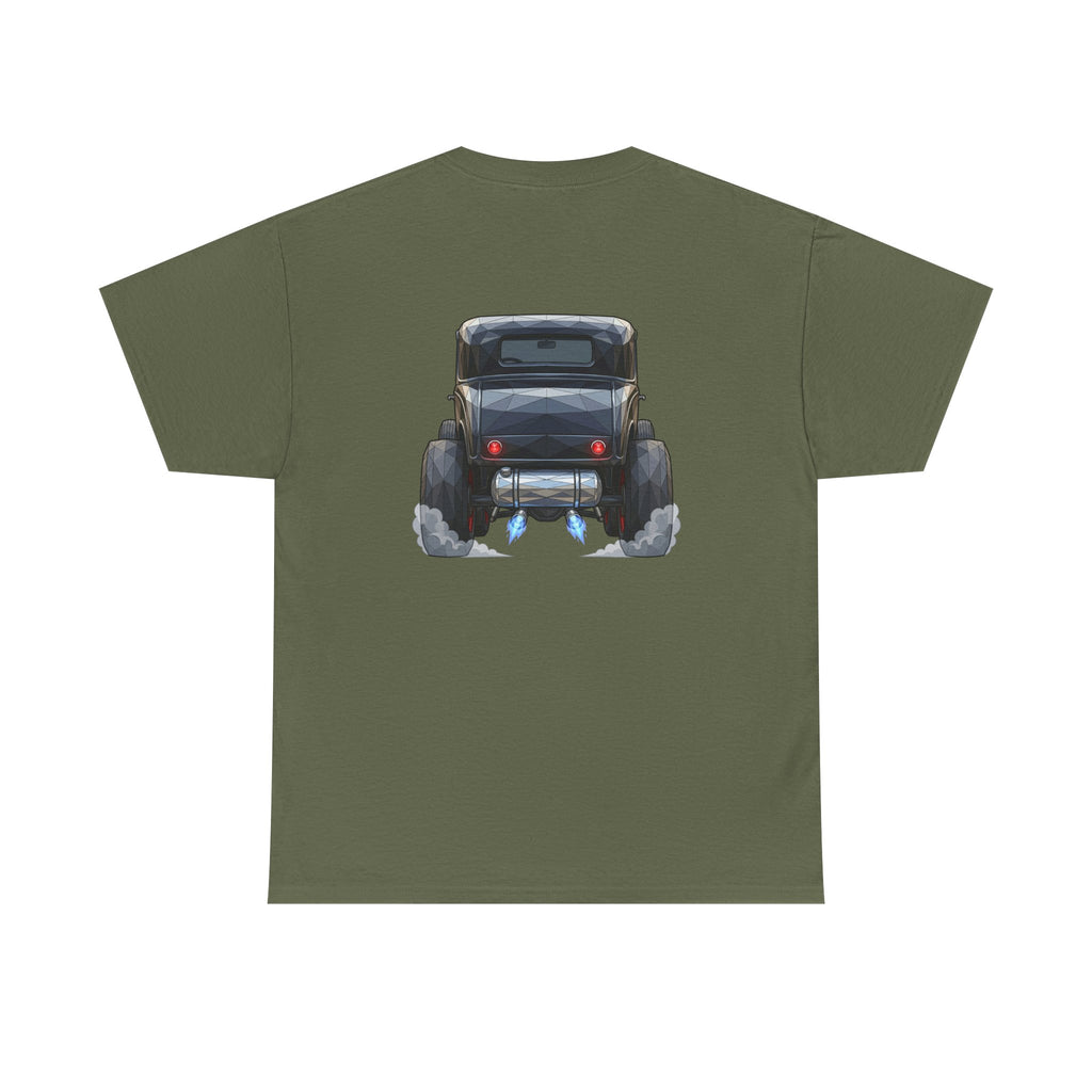 Forest green T-shirt with vintage hot rod rear graphic centered on the back