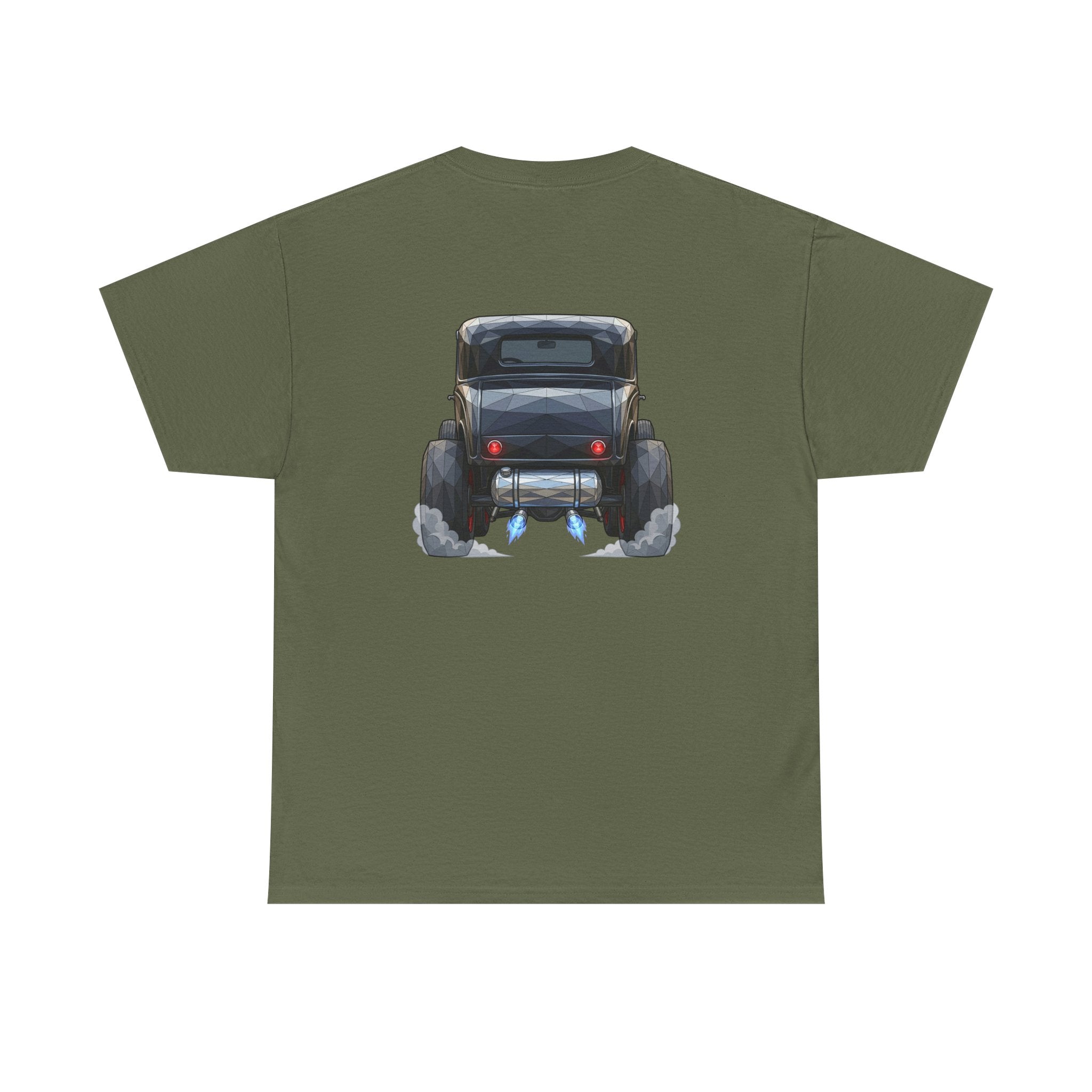 Forest green T-shirt with vintage hot rod rear graphic centered on the back