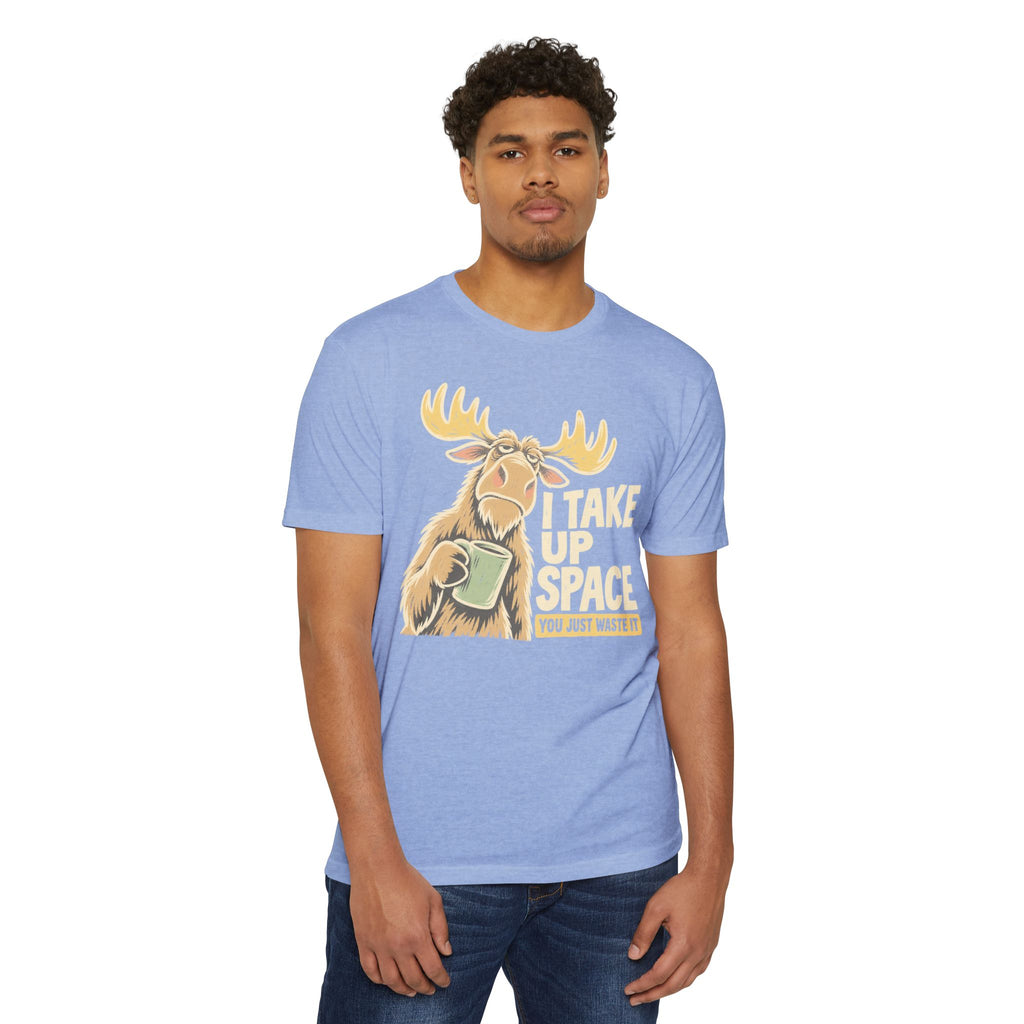 Light blue crewneck t-shirt with moose space graphic and bold text print