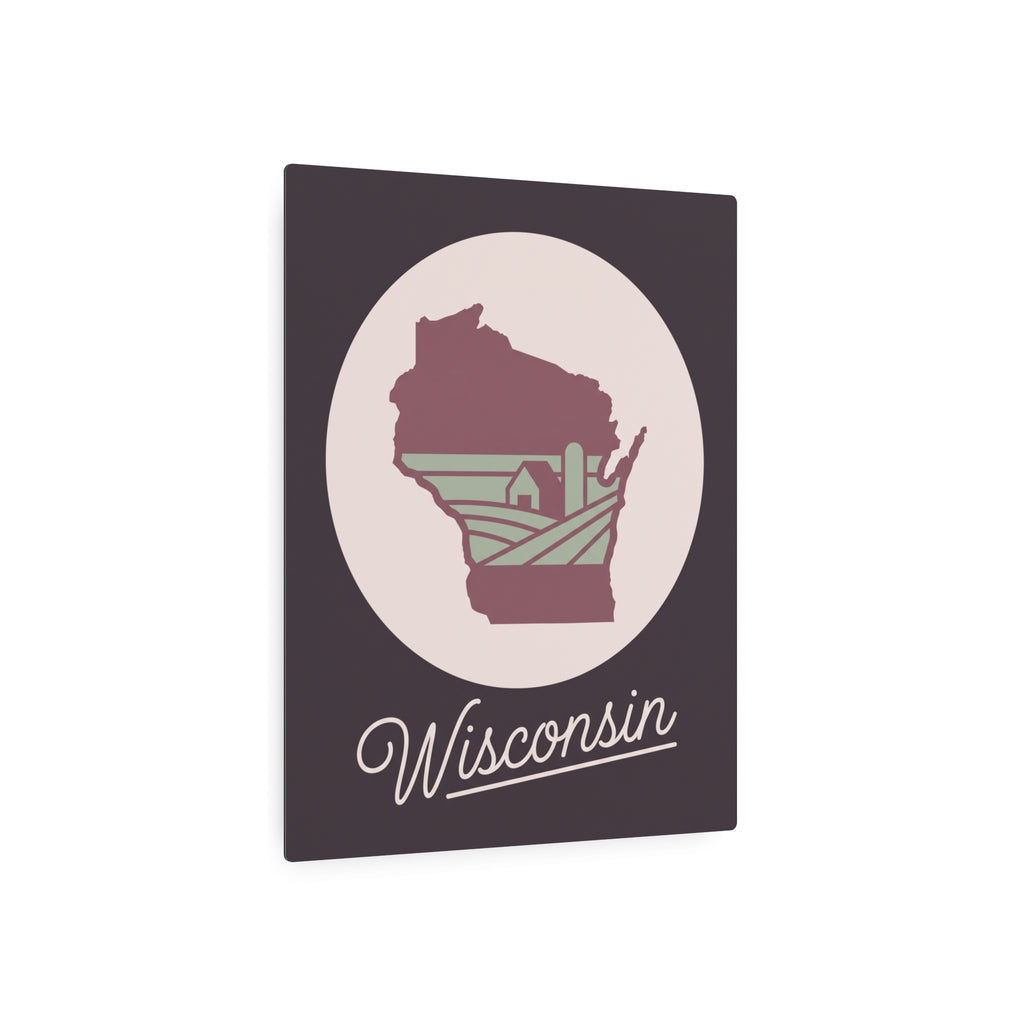 Maroon Wisconsin silhouette metal wall art sign featuring circular emblem and script