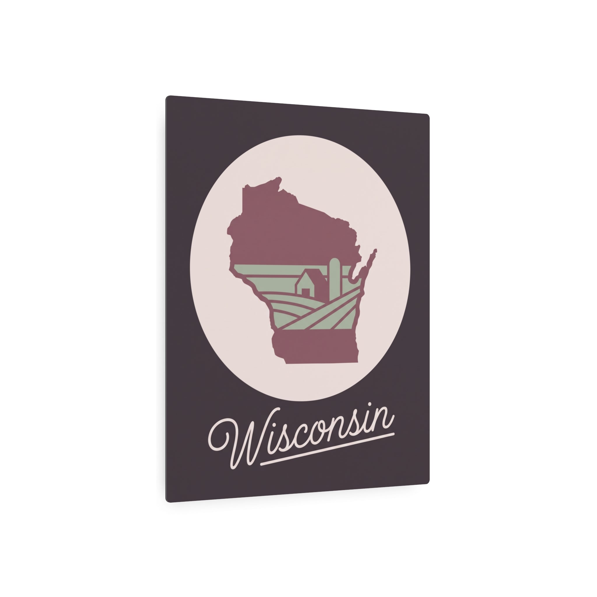 Maroon Wisconsin silhouette metal wall art sign featuring circular emblem and script