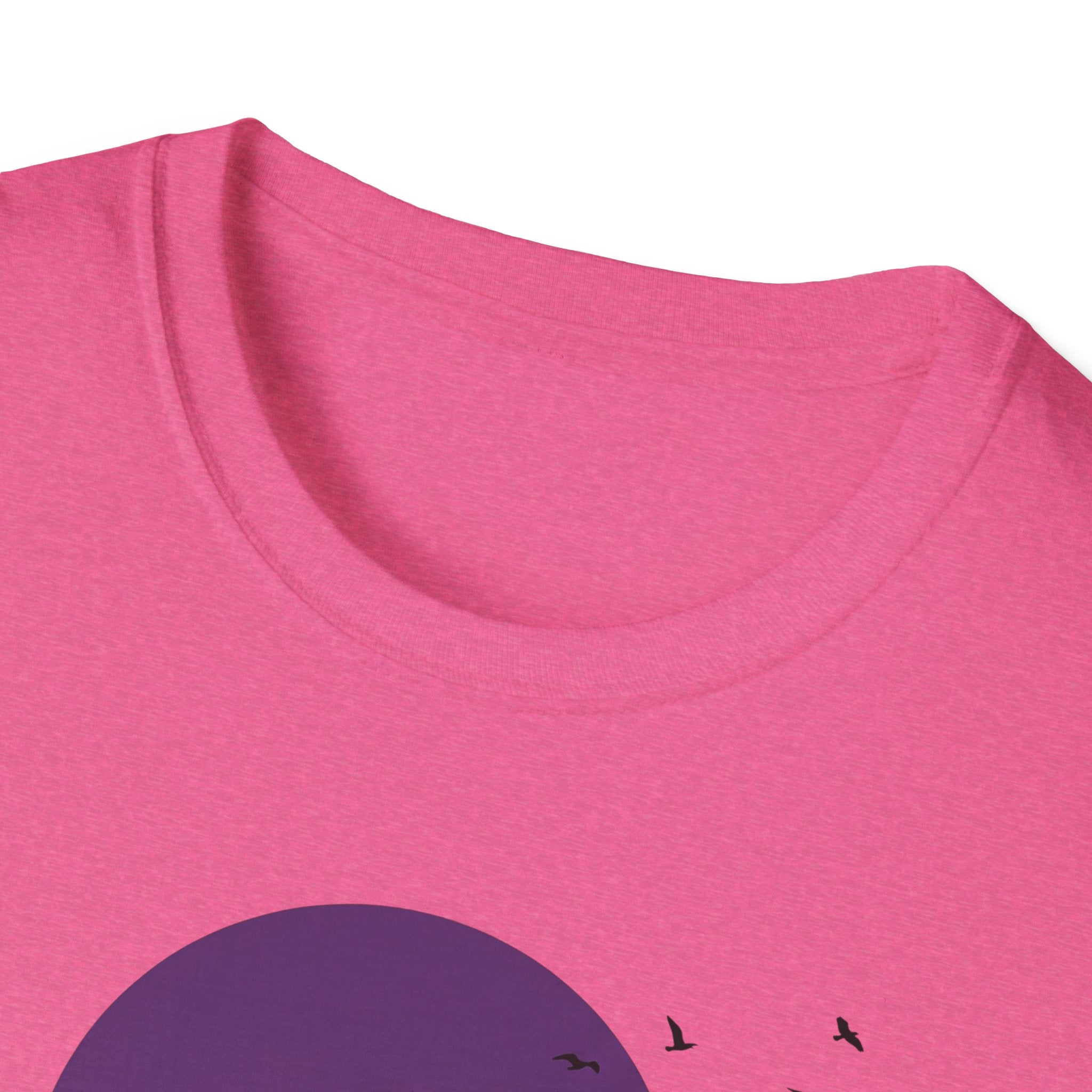 Light pink T-shirt back close-up with crew neck and partial moon graphic