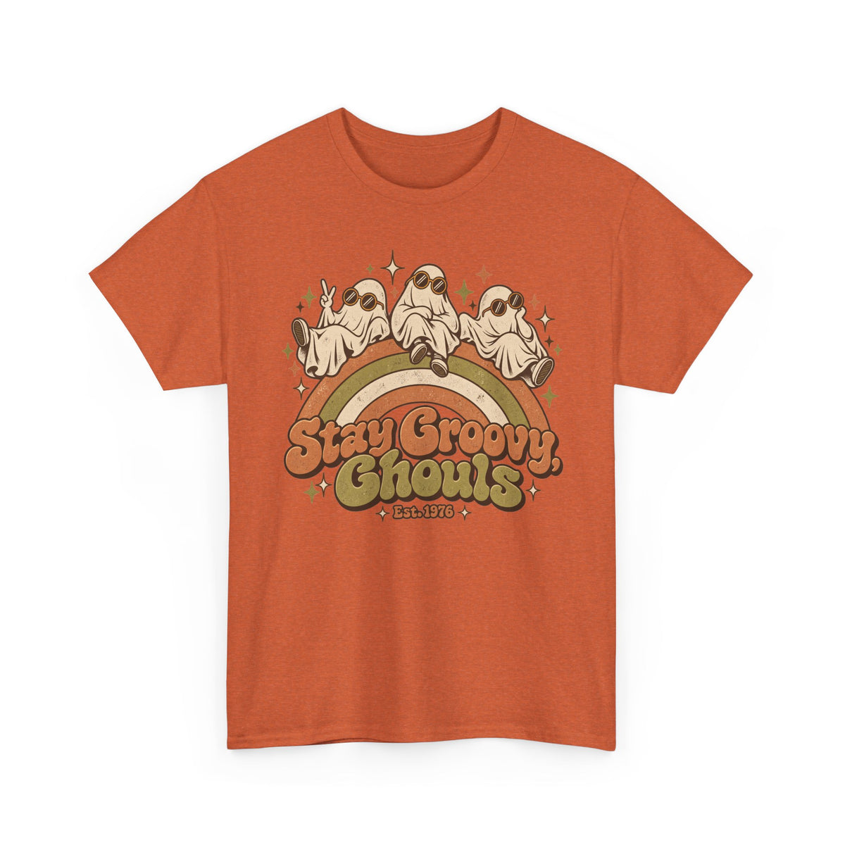 Stay Groovy Ghouls T-Shirt, Retro Rainbow Ghosts in Sunglasses Halloween Shirt for Women and Men, Cute 70s Spooky Tee